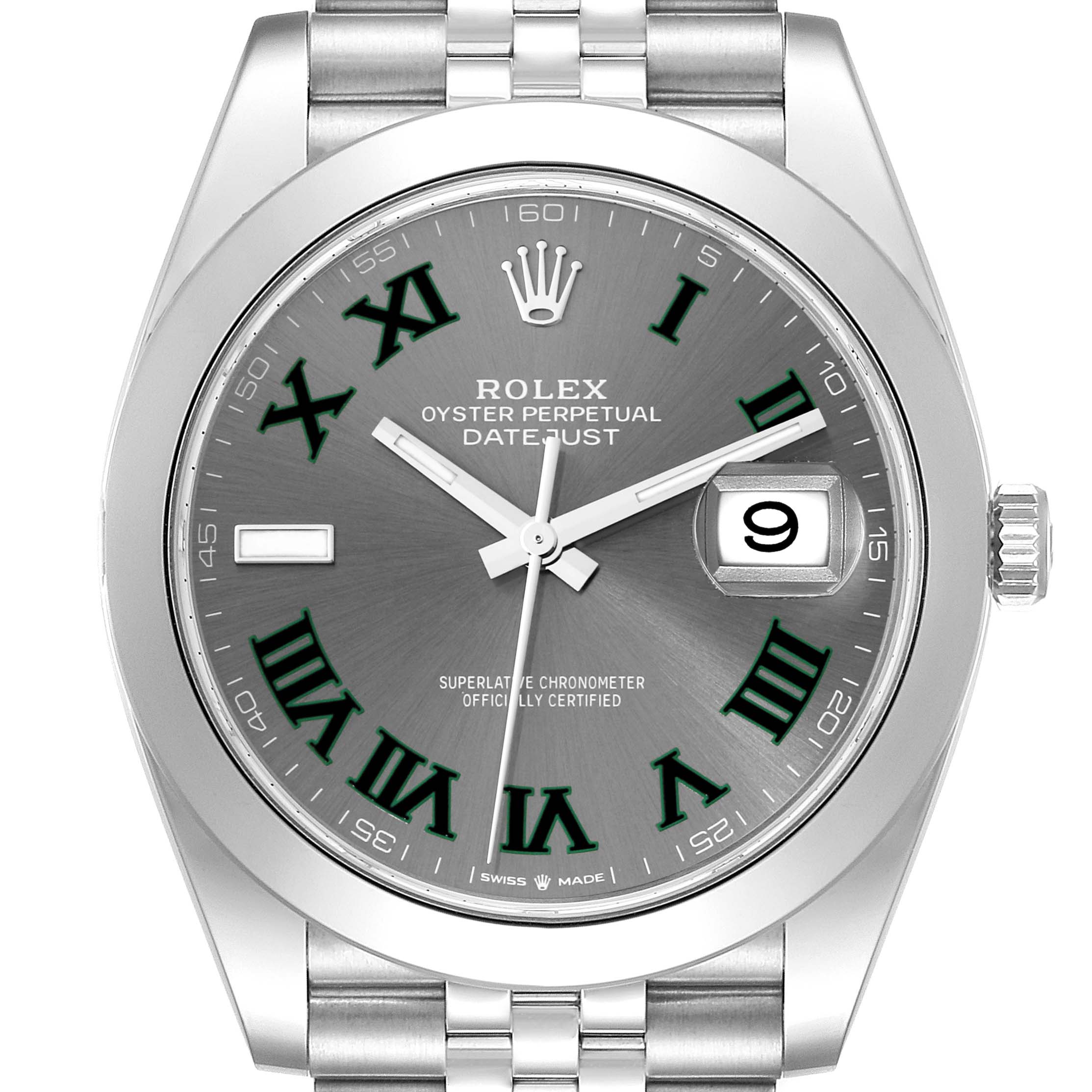 The image shows a front view of the Rolex Datejust 41 126300 Men's Stainless Steel Grey Dial 126300 Men's Stainless Steel Grey Dial watch, highlighting the dial, bezel, and bracelet.
