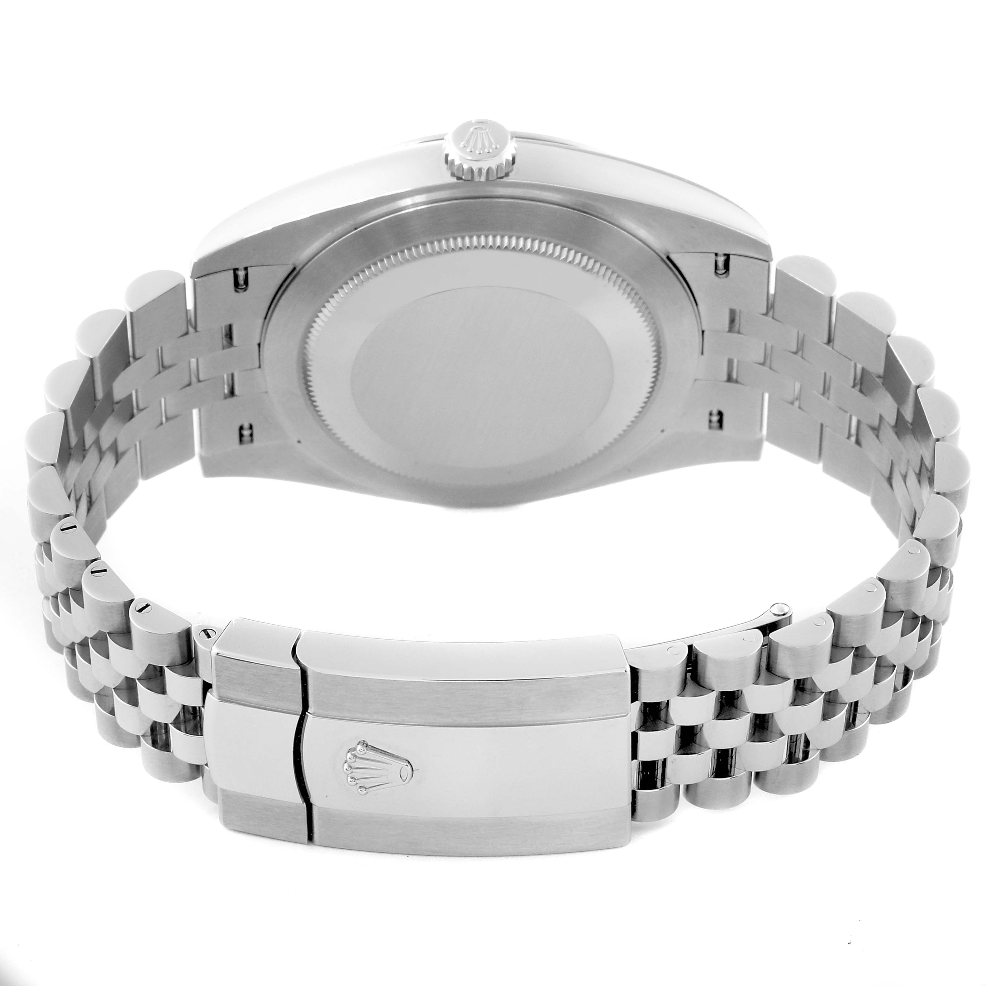 This image shows the back view of a Rolex Datejust 41 126300 Men's Stainless Steel Grey Dial 126300 Men's Stainless Steel Grey Dial watch, highlighting its clasp and bracelet.