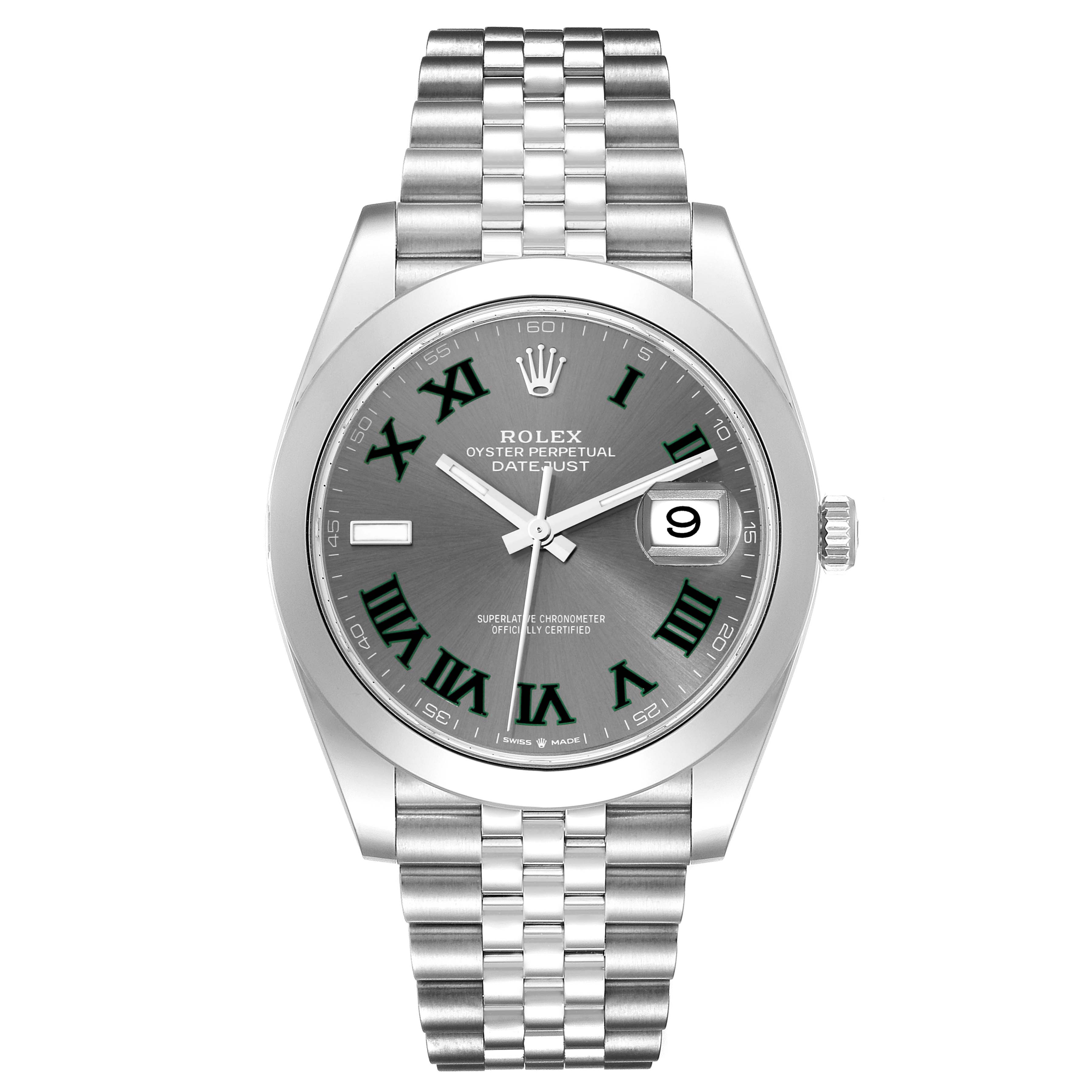 The image shows a front view of the Rolex Datejust 41 126300 Men's Stainless Steel Grey Dial 126300 Men's Stainless Steel Grey Dial, highlighting its dial, bracelet, and date window.