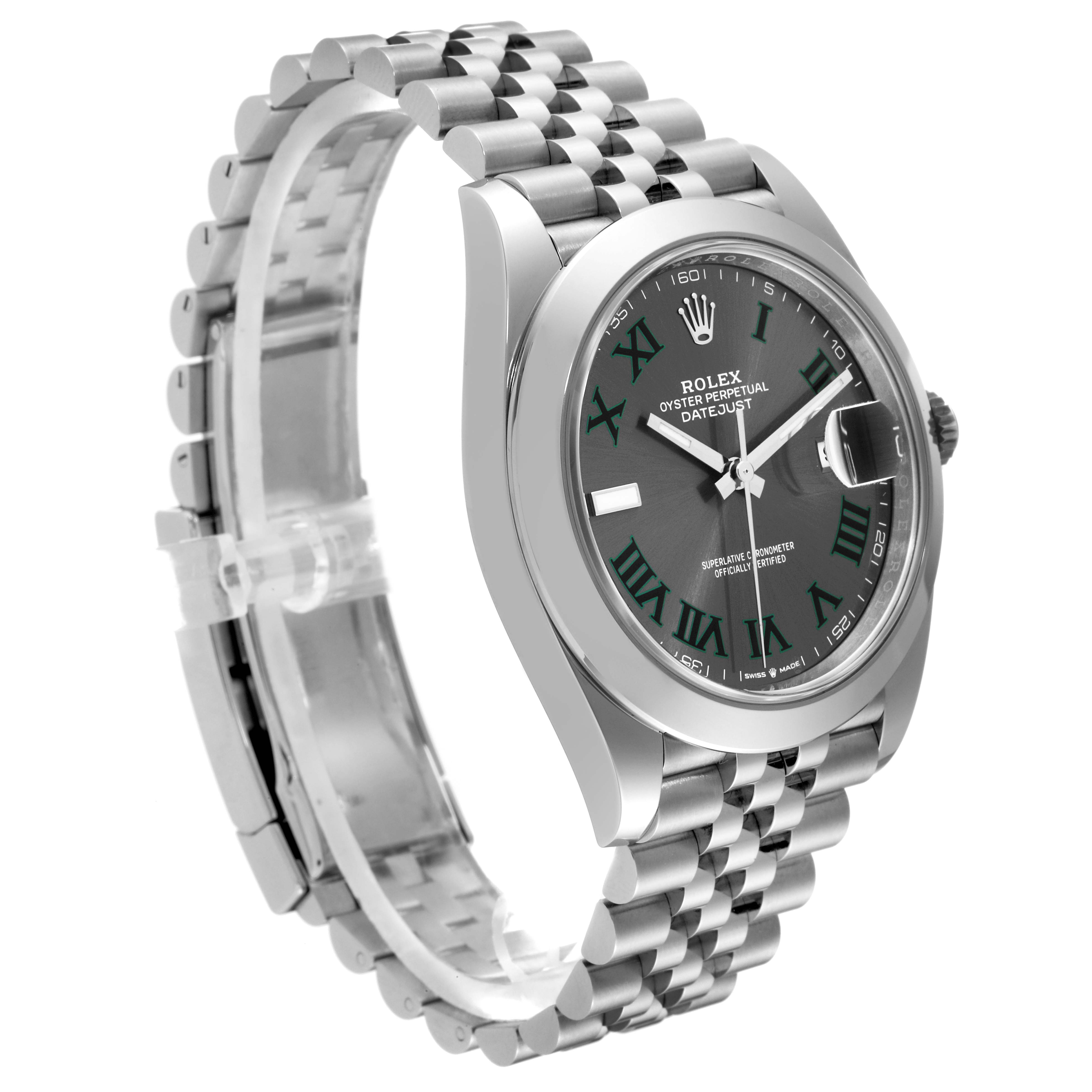 The image shows a side angle of the Rolex Datejust 41 126300 Men's Stainless Steel Grey Dial 126300 Men's Stainless Steel Grey Dial, featuring the watch face, bezel, and bracelet.