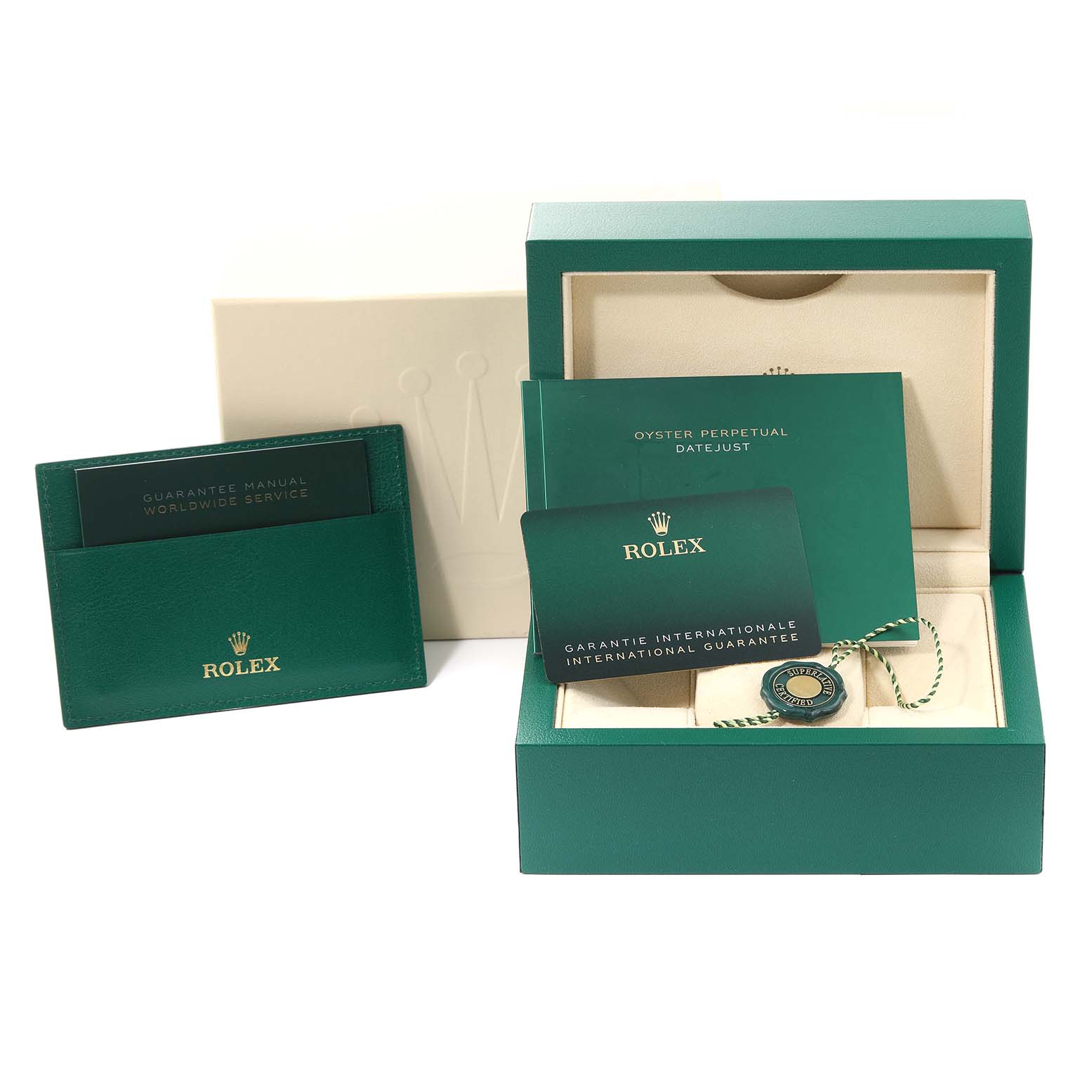 The image shows the packaging and manuals for a Rolex Datejust 41 126300 Men's Stainless Steel Grey Dial 126300 Men's Stainless Steel Grey Dial watch, including the green box, guarantee manual, and authenticity card.