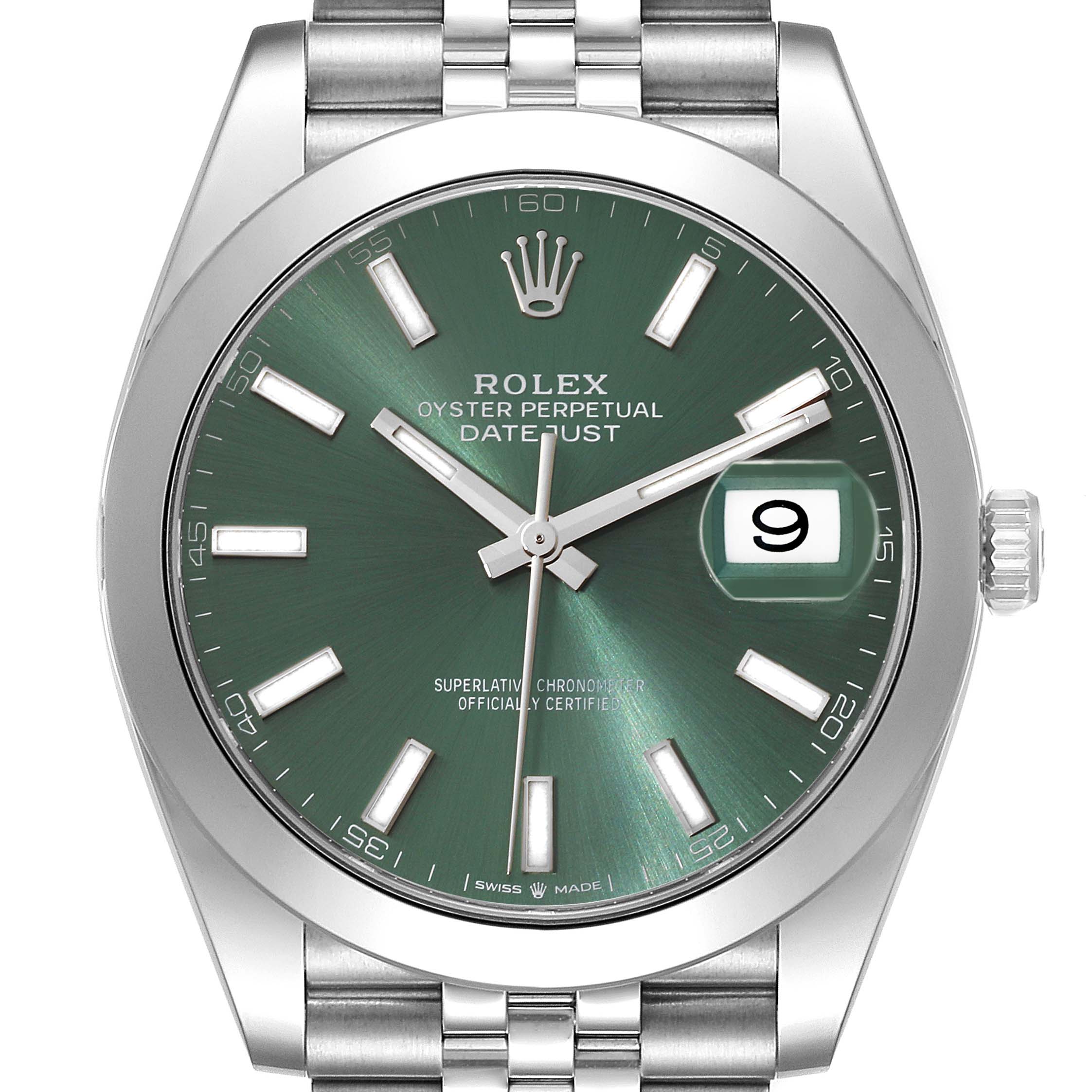 The image shows a front view of a Rolex Datejust 41 126300 Men's Stainless Steel Green Dial 126300 Men's Stainless Steel Green Dial watch with a green dial and a stainless steel bracelet.