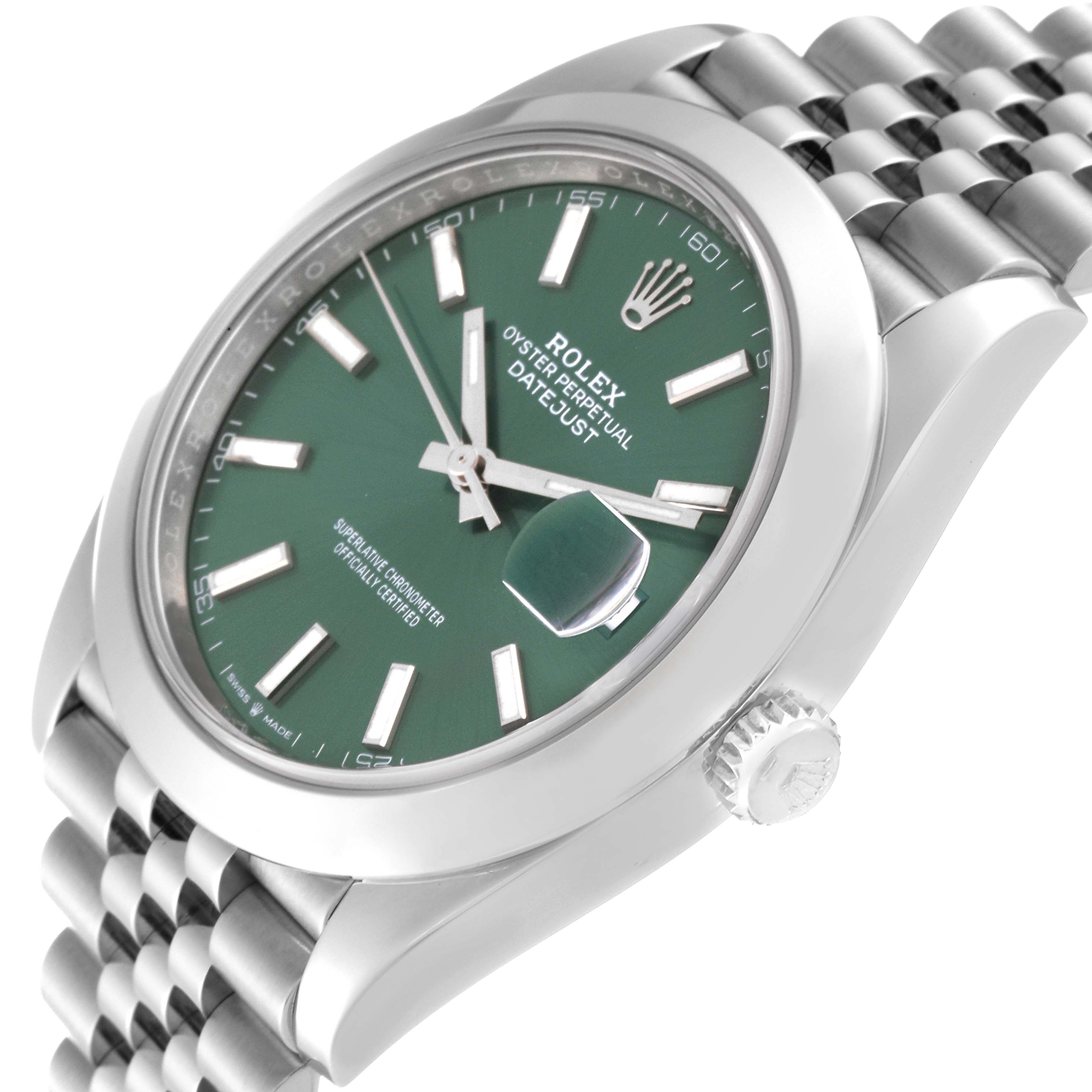 This image shows a close-up of the Rolex Datejust 41 126300 Men's Stainless Steel Green Dial 126300 Men's Stainless Steel Green Dial watch, highlighting its green dial, jubilee bracelet, and crown.