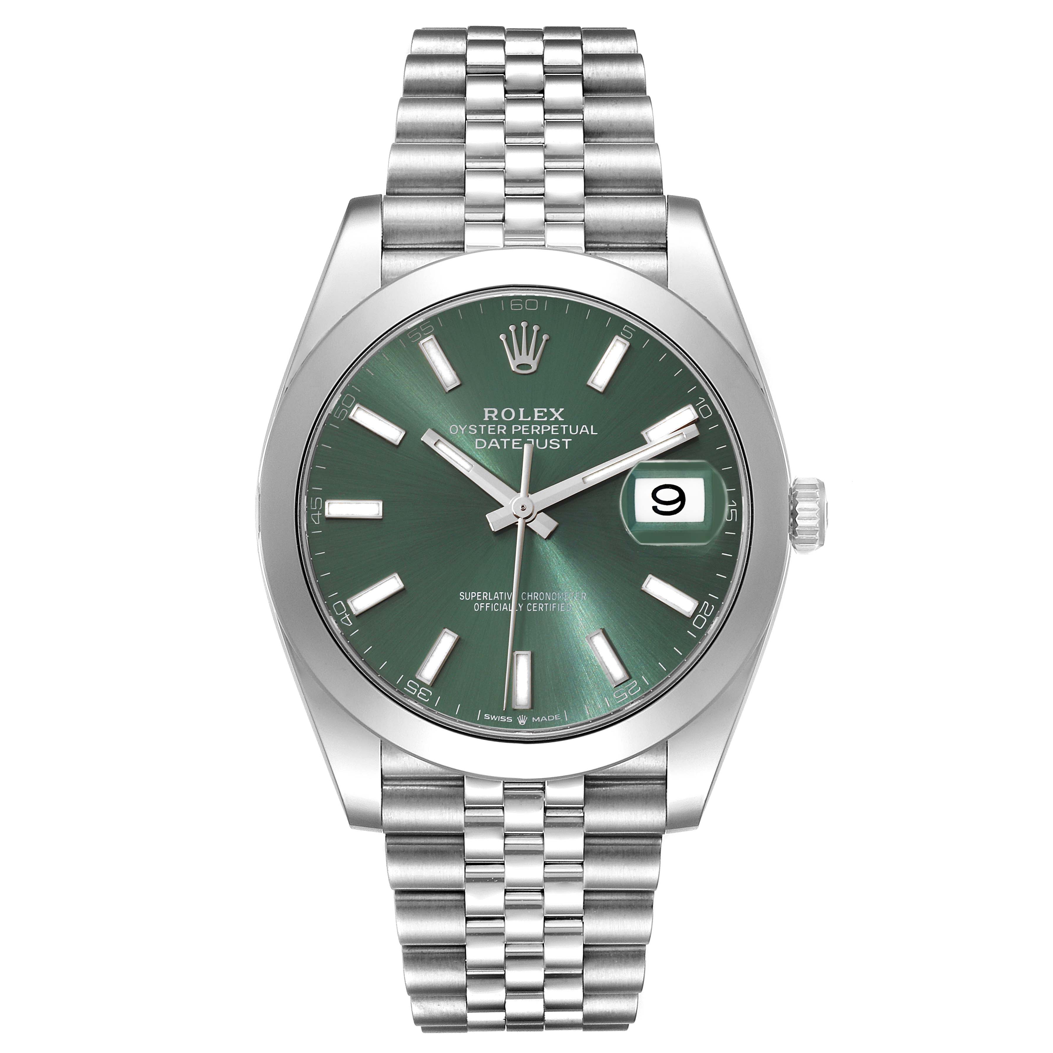 This image shows a front view of a Rolex Datejust 41 126300 Men's Stainless Steel Green Dial 126300 Men's Stainless Steel Green Dial watch featuring a green dial and a stainless steel bracelet.