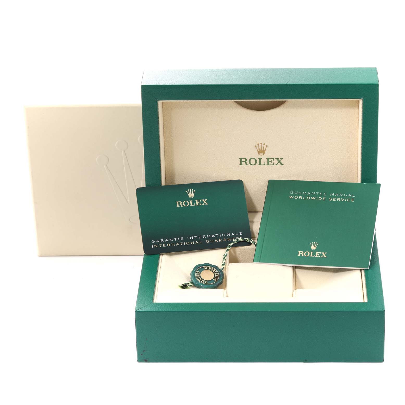 The image shows the storage box and guarantee manual for the Rolex Datejust 41 126300 Men's Stainless Steel Green Dial 126300 Men's Stainless Steel Green Dial watch.
