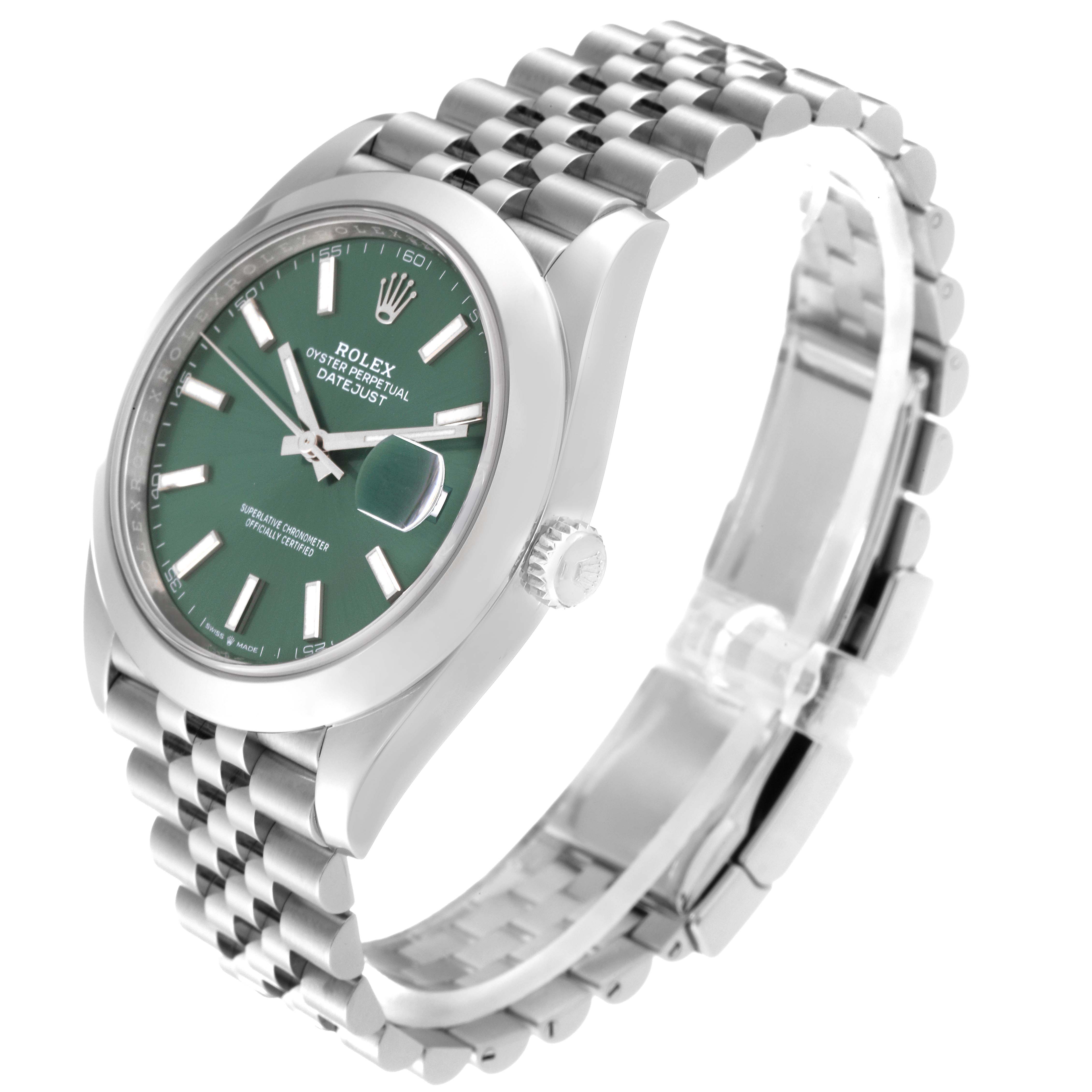 The image shows the Rolex Datejust 41 126300 Men's Stainless Steel Green Dial 126300 Men's Stainless Steel Green Dial watch from a three-quarter angle, highlighting the face, crown, and bracelet.