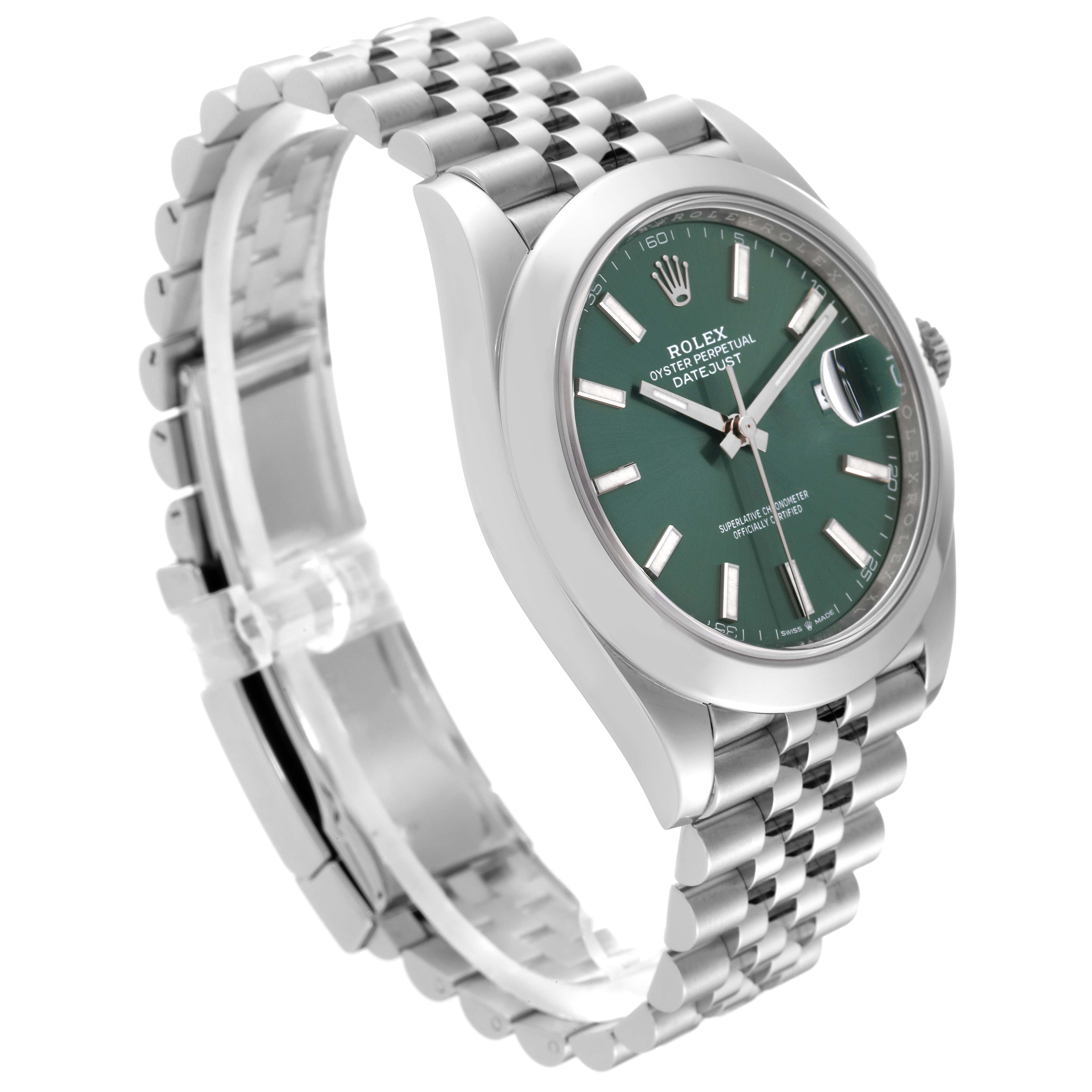 This is a side view of the Rolex Datejust 41 126300 Men's Stainless Steel Green Dial 126300 Men's Stainless Steel Green Dial model, featuring the dial, bezel, and bracelet.