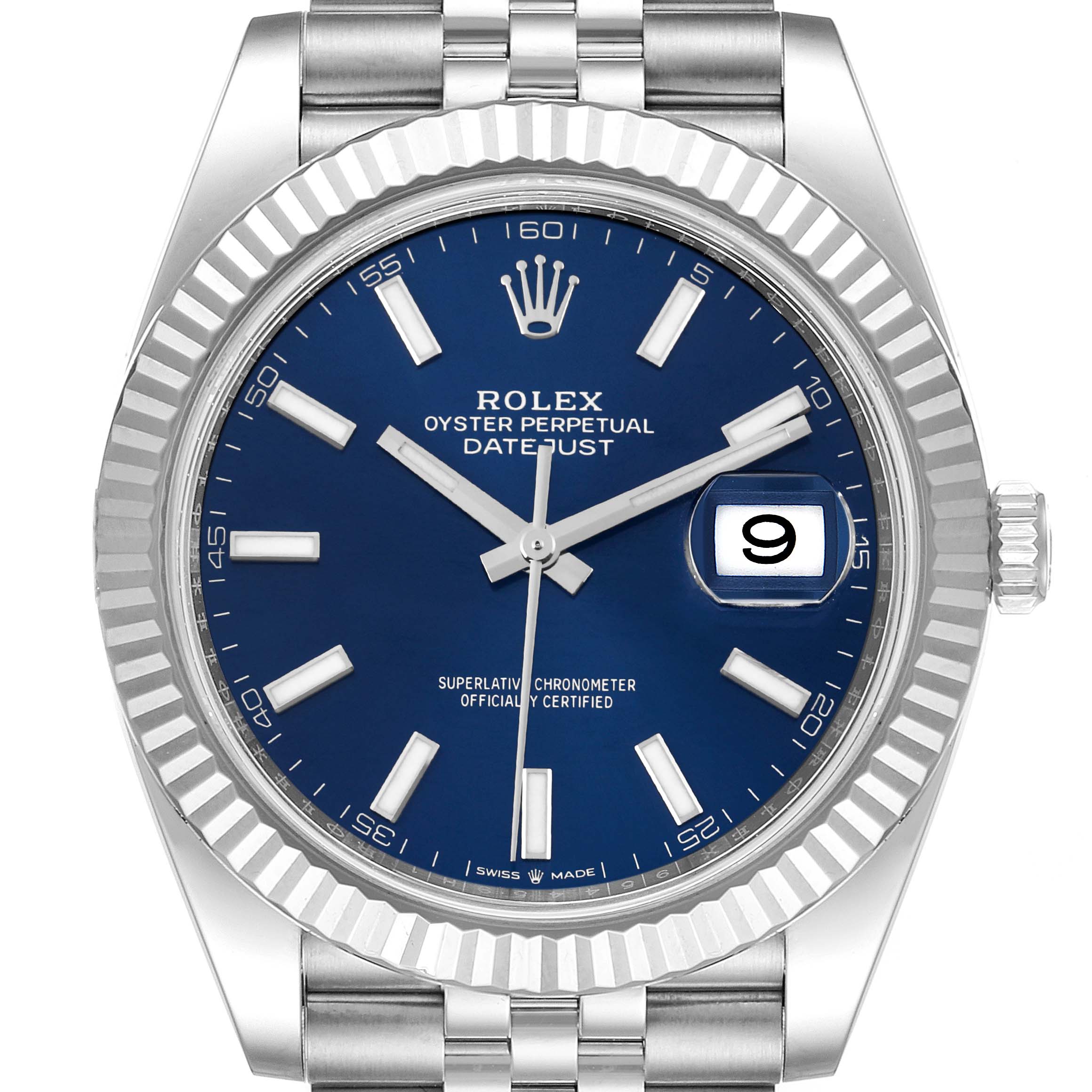 The image shows a front view of the Rolex Datejust 41 126334 Men
s Stainless Steel Blue Dial 126334 Men
s Stainless Steel Blue Dial watch, highlighting its blue dial, fluted bezel, and cyclops date window.