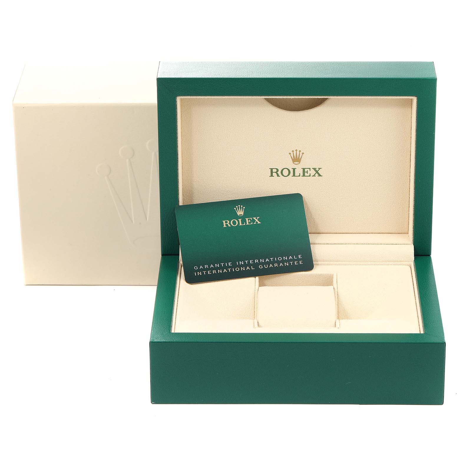The image shows the open box and guarantee card for a Rolex Datejust 41 126334 Men
s Stainless Steel Blue Dial 126334 Men
s Stainless Steel Blue Dial watch.
