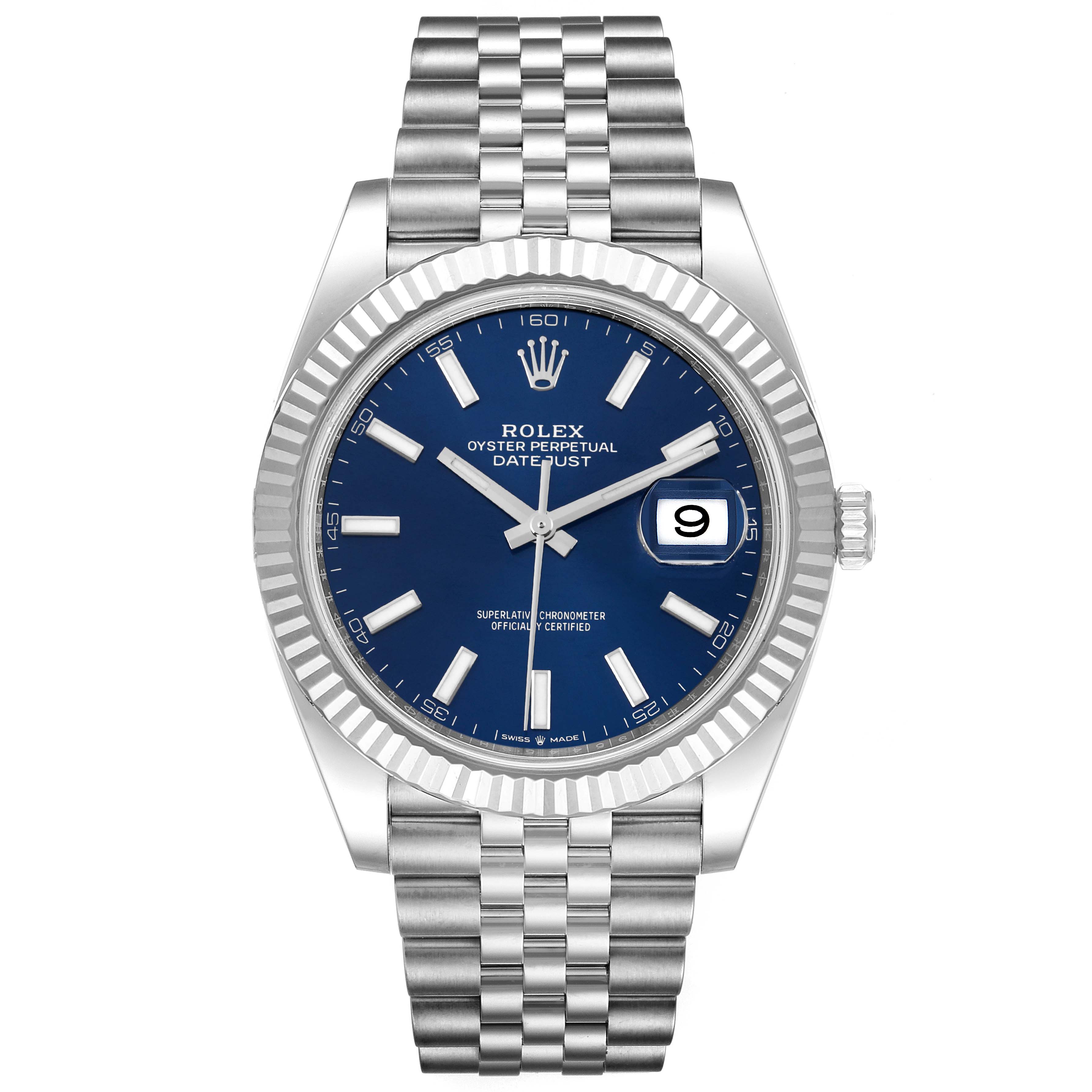 The image shows a front view of a Rolex Datejust 41 126334 Men
s Stainless Steel Blue Dial 126334 Men
s Stainless Steel Blue Dial watch, highlighting its blue dial, fluted bezel, and jubilee bracelet.