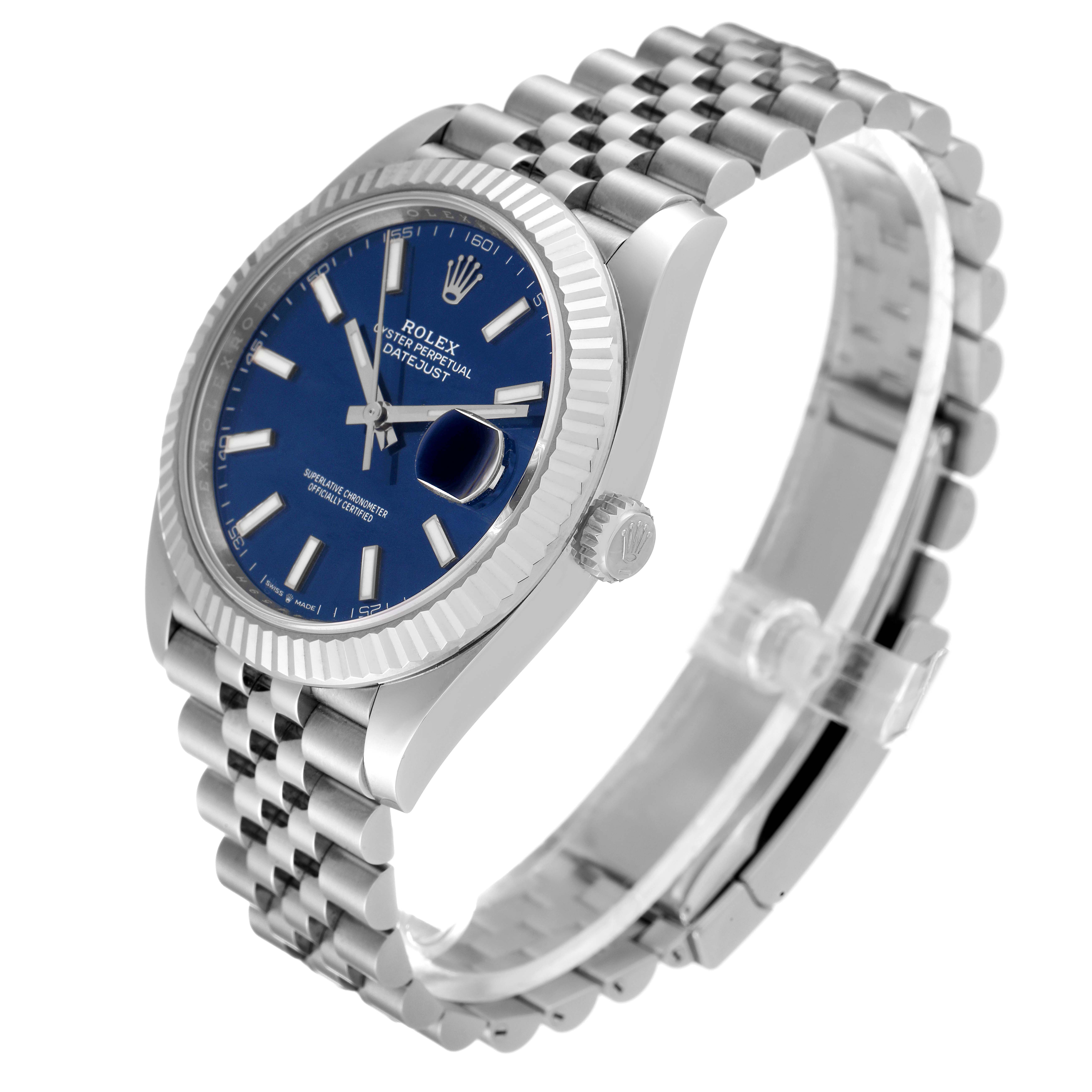 The image shows a side angle view of the Rolex Datejust 41 126334 Men
s Stainless Steel Blue Dial 126334 Men
s Stainless Steel Blue Dial watch, displaying the dial, bezel, crown, and bracelet.