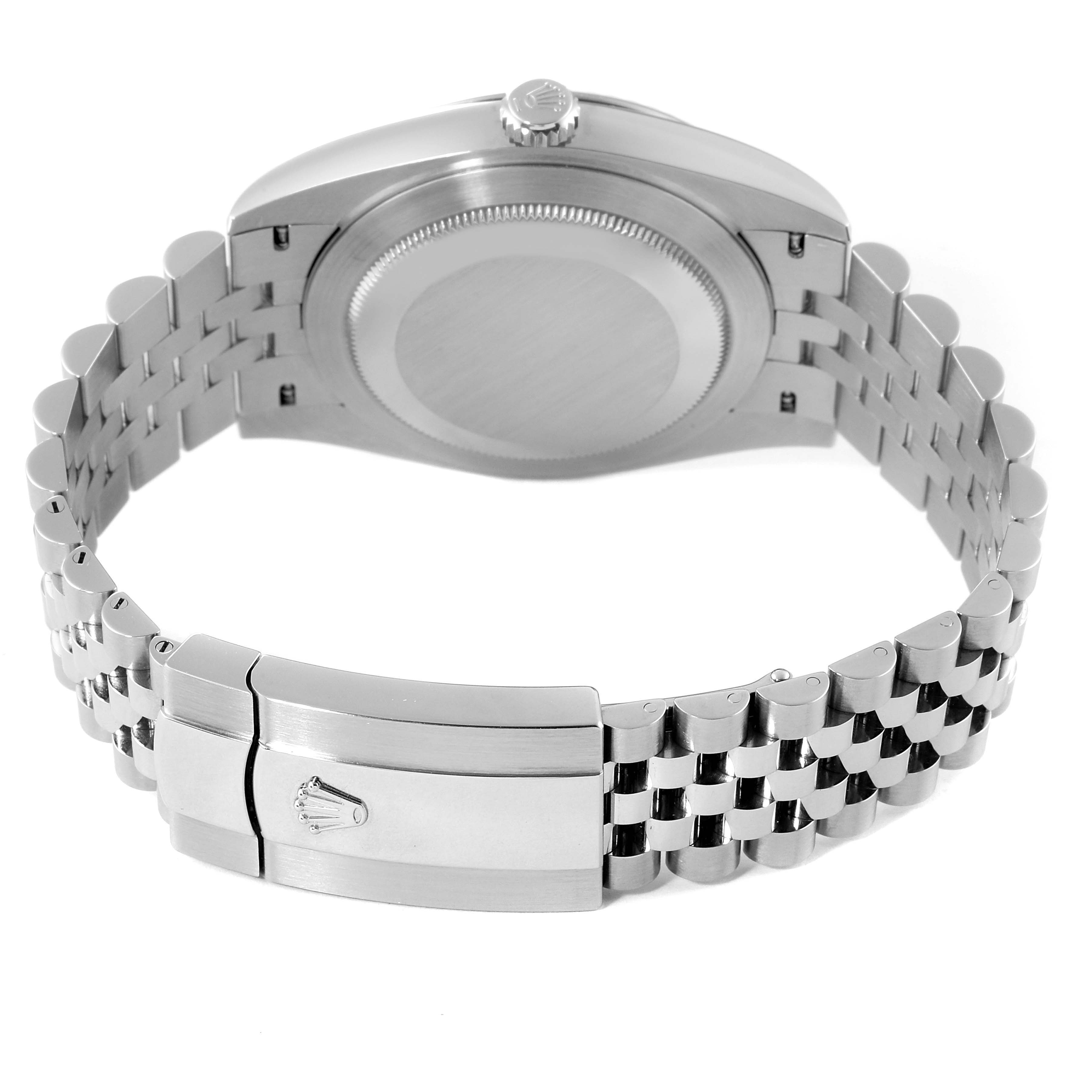 The image shows the back view of a Rolex Datejust 41 126334 Men
s Stainless Steel Blue Dial 126334 Men
s Stainless Steel Blue Dial watch, highlighting the case back, crown, and clasp of the bracelet.