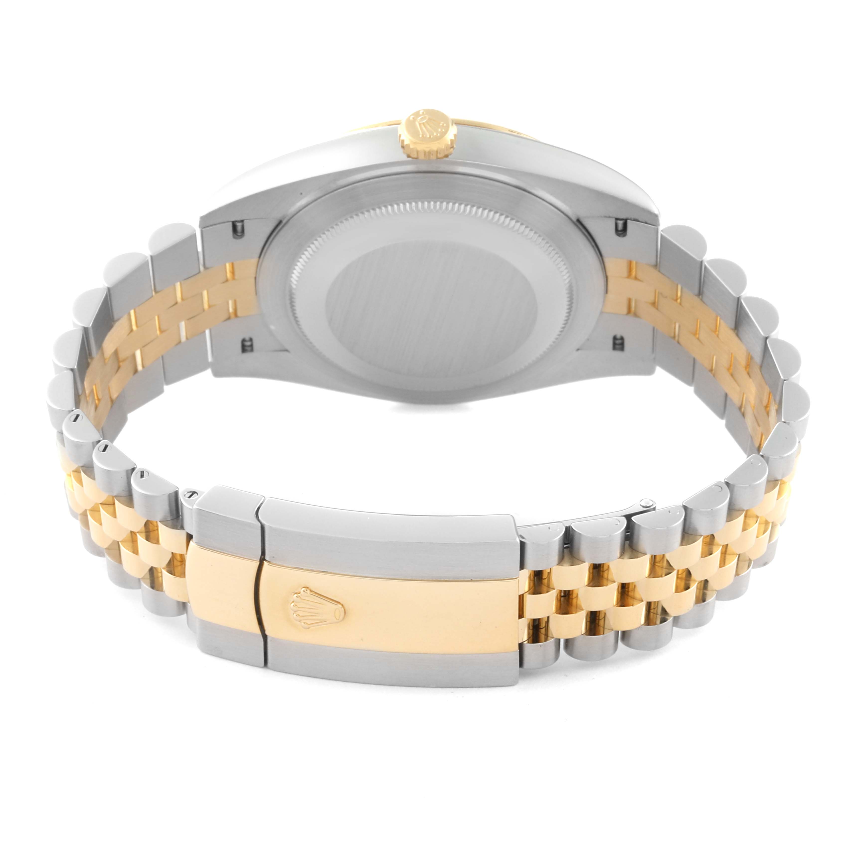 The Rolex Datejust 41 126333 Men's Steel and Gold (two tone) Black Dial 126333 Men's Steel and Gold (two tone) Black Dial watch is shown from the back, highlighting the case back and two-tone bracelet.