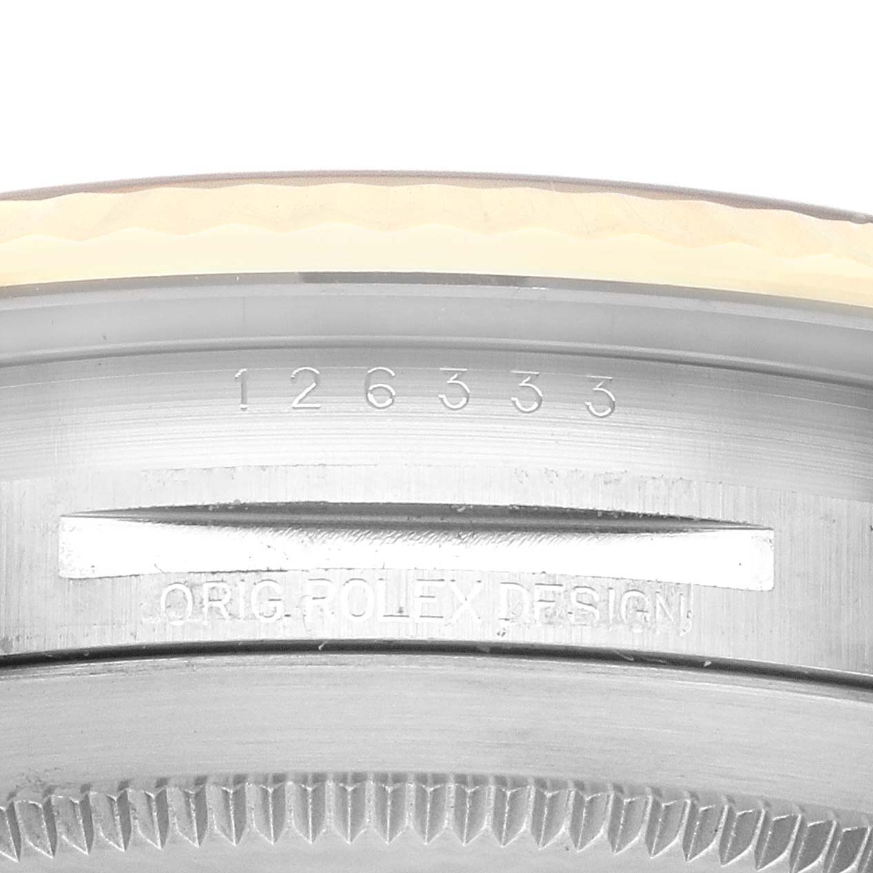 The image shows a close-up of the model number and part of the bezel of a Rolex Datejust 41 126333 Men's Steel and Gold (two tone) Black Dial 126333 Men's Steel and Gold (two tone) Black Dial watch.