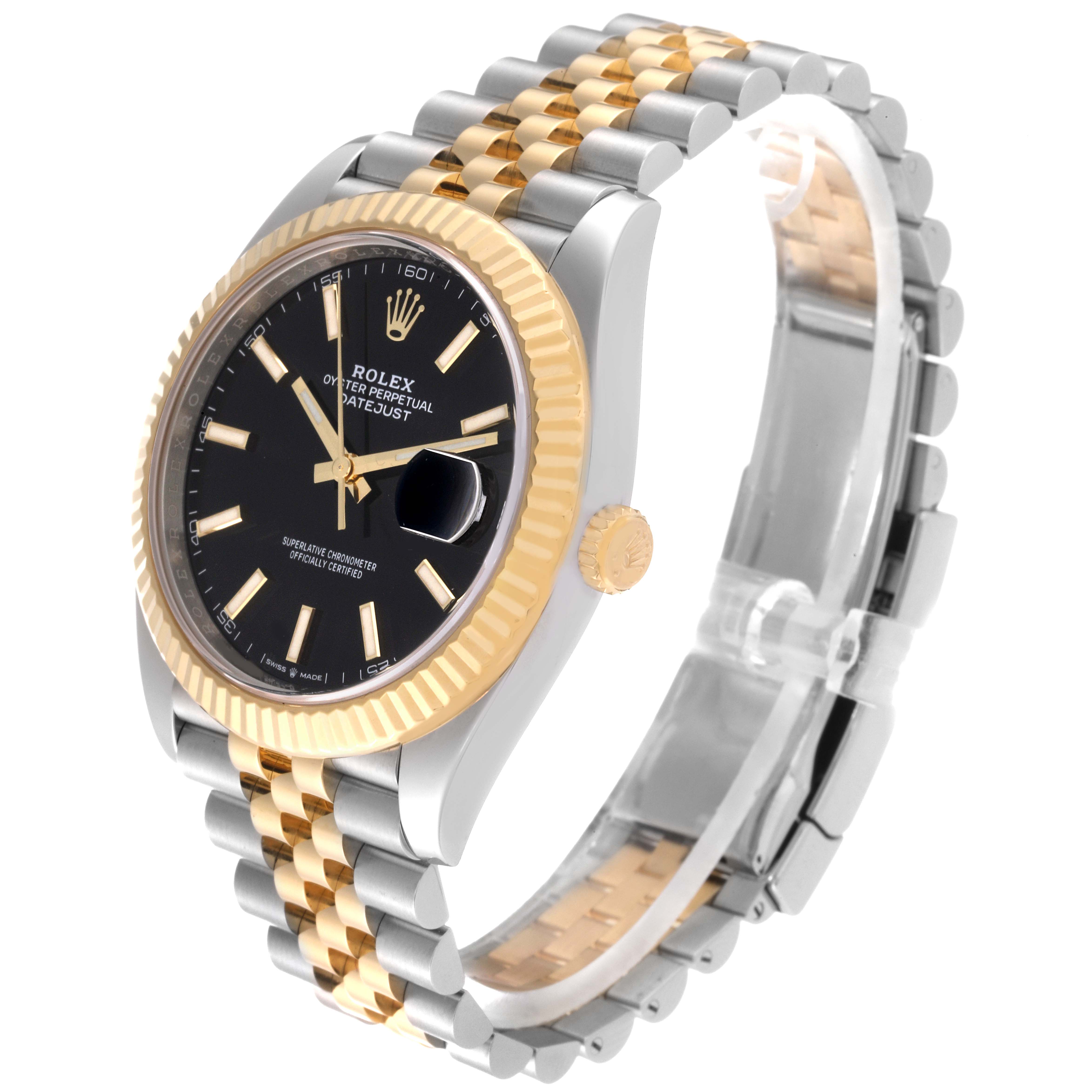 The image shows a Rolex Datejust 41 126333 Men's Steel and Gold (two tone) Black Dial 126333 Men's Steel and Gold (two tone) Black Dial watch from a side angle, highlighting the face, bezel, and two-tone bracelet.