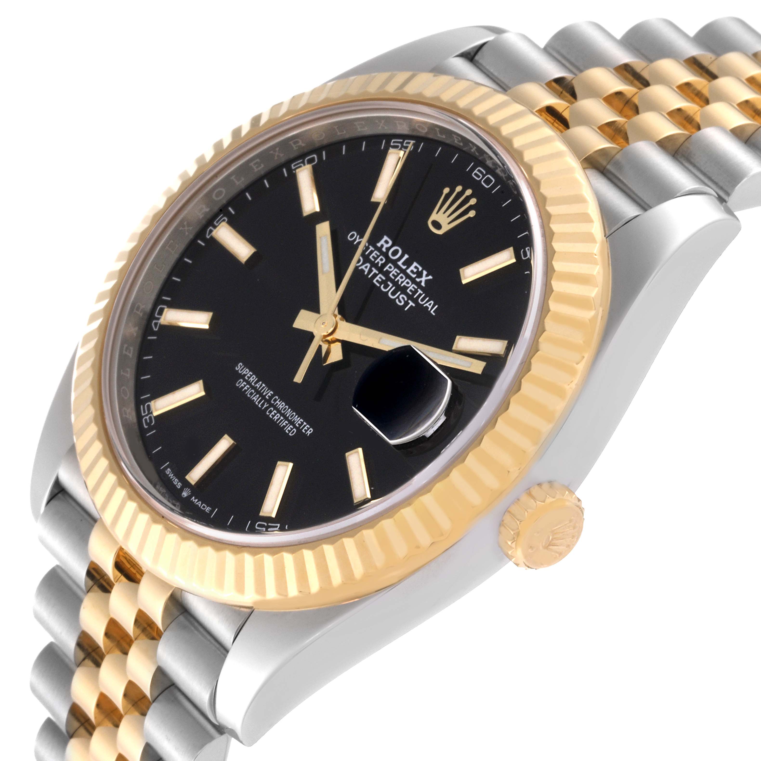 This image shows a Rolex Datejust 41 126333 Men's Steel and Gold (two tone) Black Dial 126333 Men's Steel and Gold (two tone) Black Dial watch from a slightly angled side view, highlighting the black dial, gold fluted bezel, and two-tone bracelet.