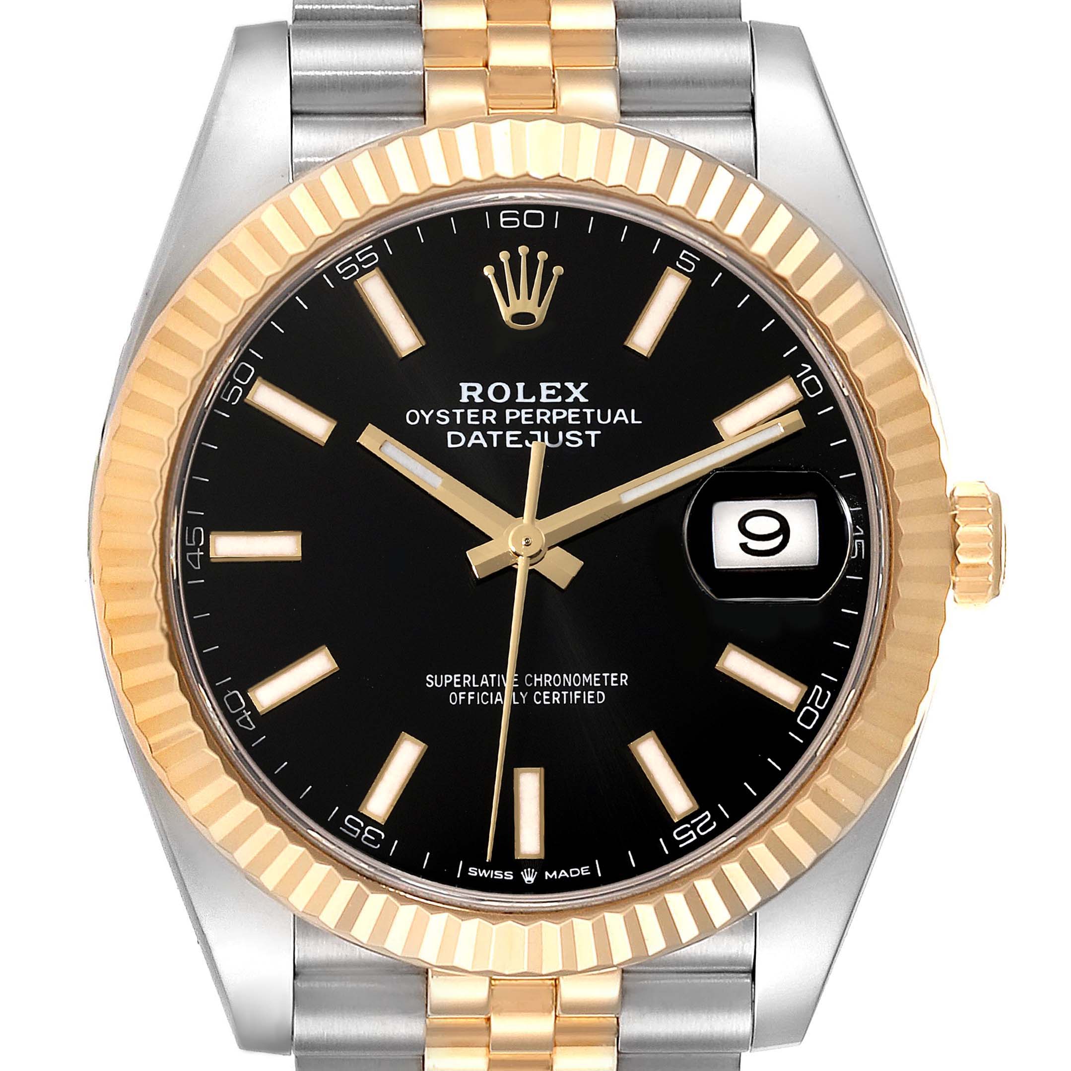 The image shows a front view of the Rolex Datejust 41 126333 Men's Steel and Gold (two tone) Black Dial 126333 Men's Steel and Gold (two tone) Black Dial watch with a black dial, gold bezel, and two-tone bracelet.