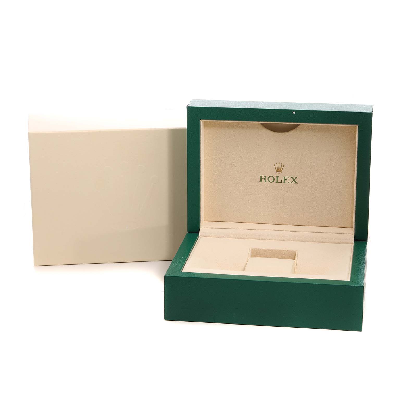 The image shows a green and beige Rolex box, opened to display the interior for a Datejust 41 watch.