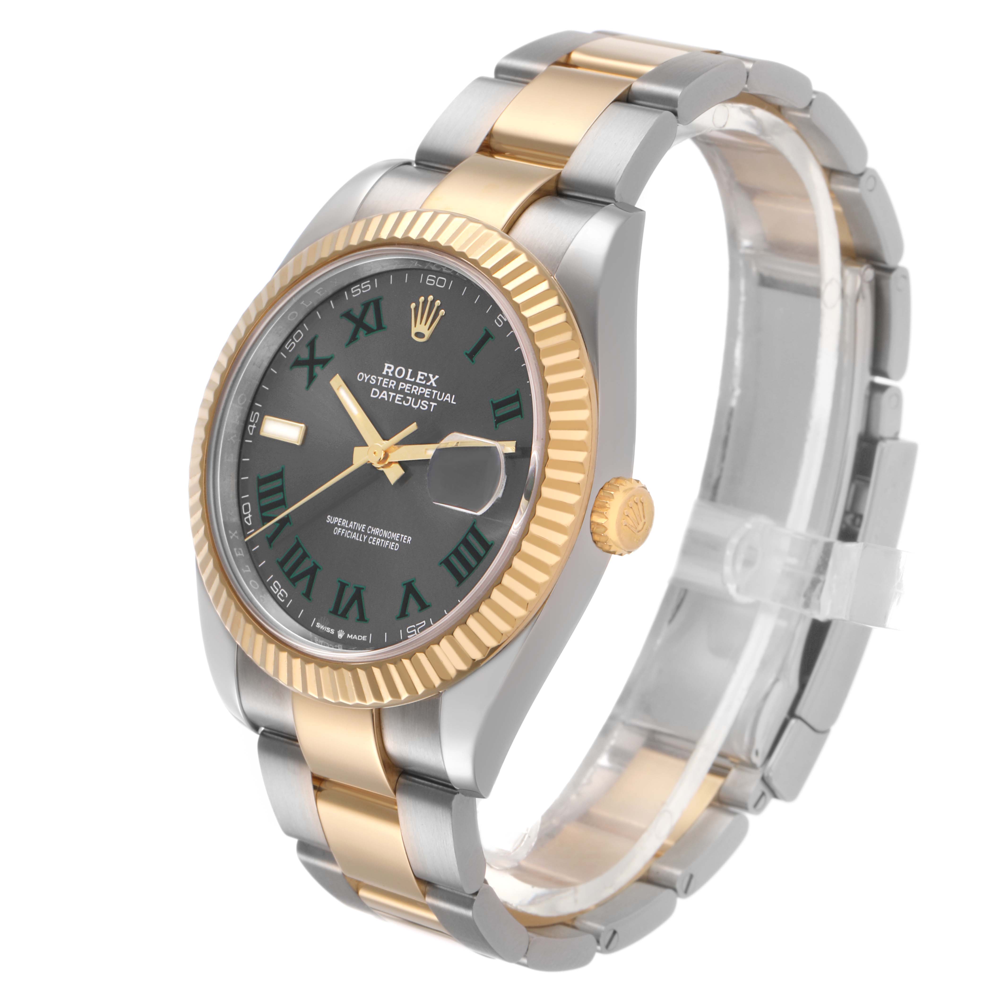The Rolex Datejust 41 126333 Men's Steel and Gold (two tone) Grey Dial is shown at an angle displaying the watch face, fluted bezel, two-tone bracelet, and crown.