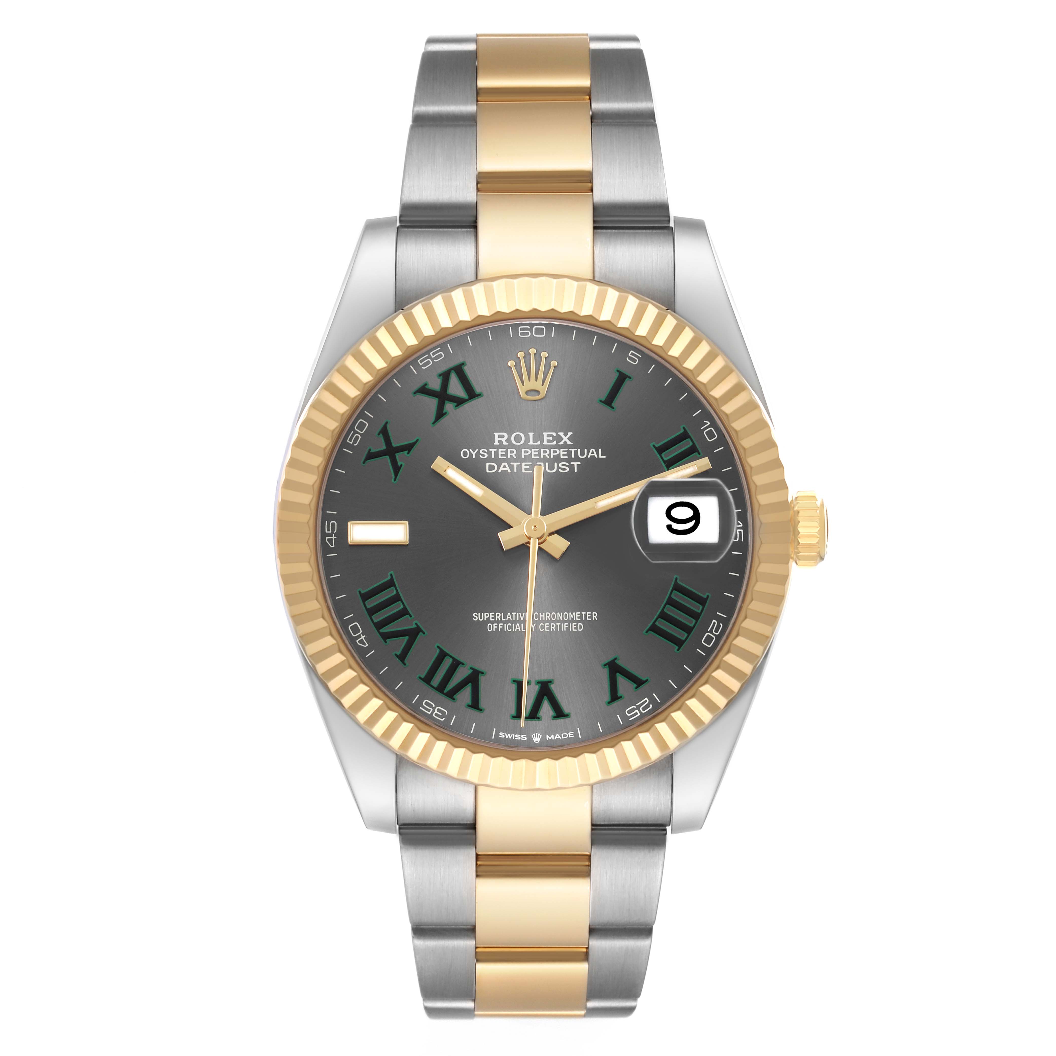 The Rolex Datejust 41 126333 Men's Steel and Gold (two tone) Grey Dial is shown from a front view, highlighting the dial, bezel, and two-tone bracelet.