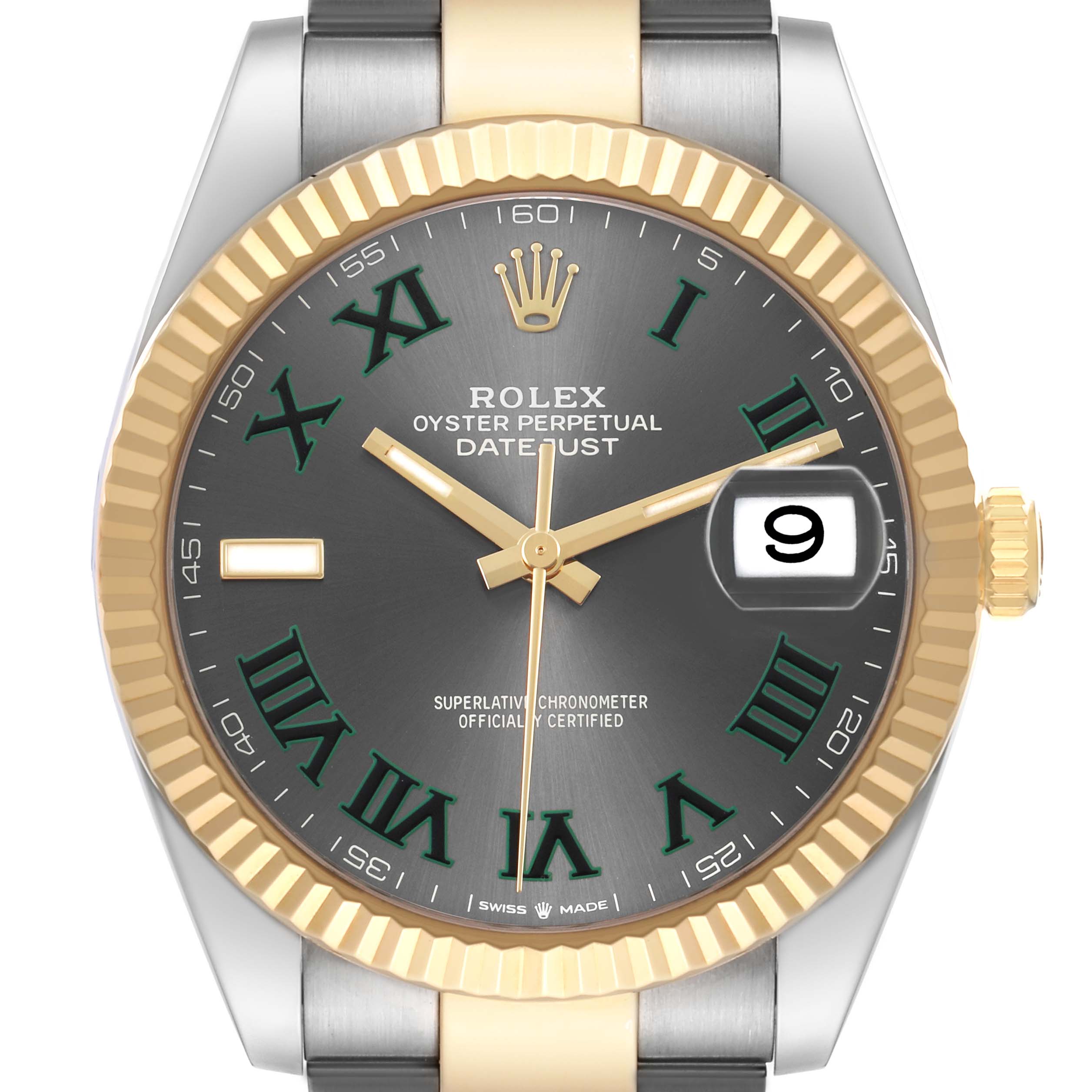 The Rolex Datejust 41 126333 Men's Steel and Gold (two tone) Grey Dial is shown from a front angle, highlighting its fluted bezel, dial with Roman numerals, and date window.