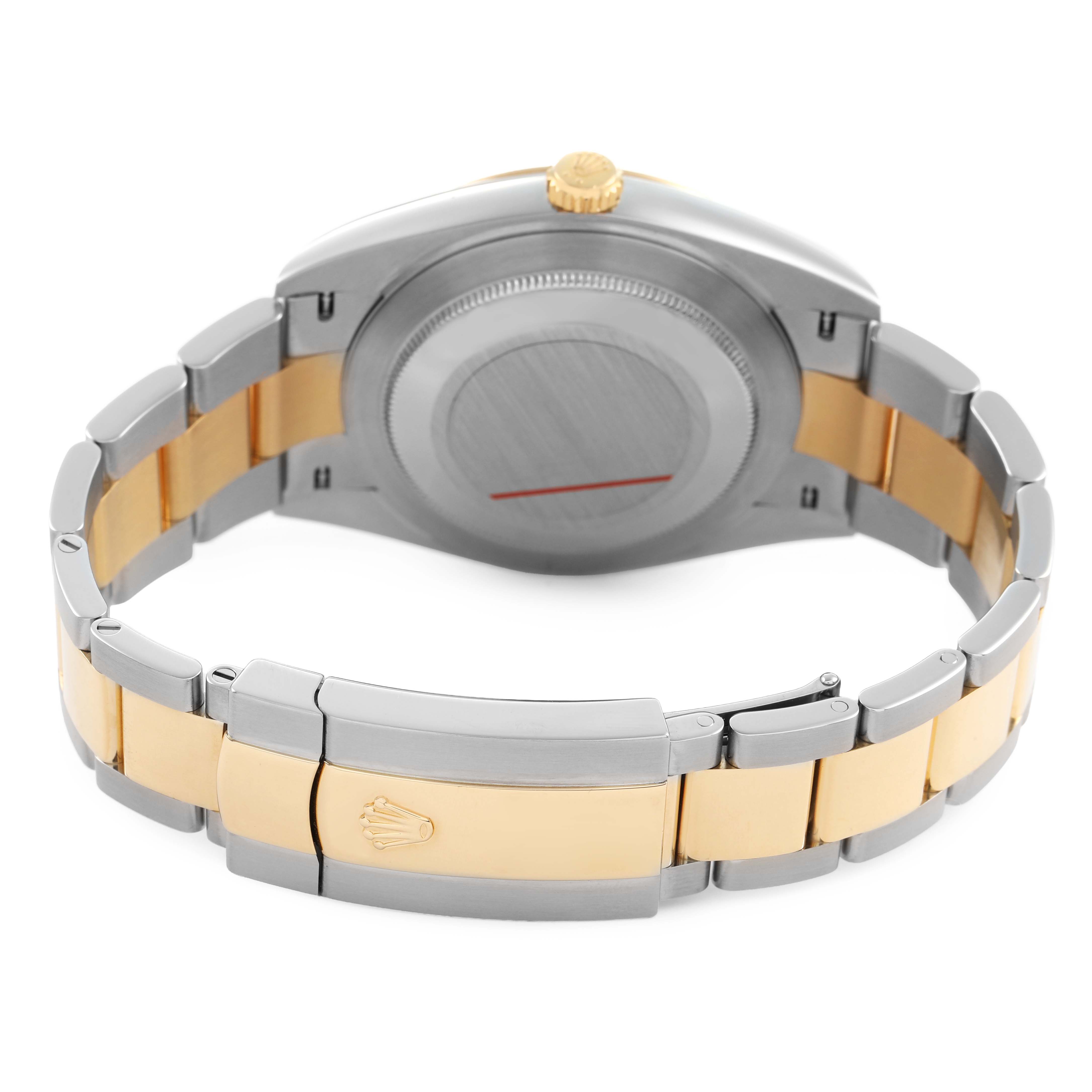 The Rolex Datejust 41 126333 Men's Steel and Gold (two tone) Grey Dial watch is shown from the back, highlighting the clasp, bracelet links, and case back.