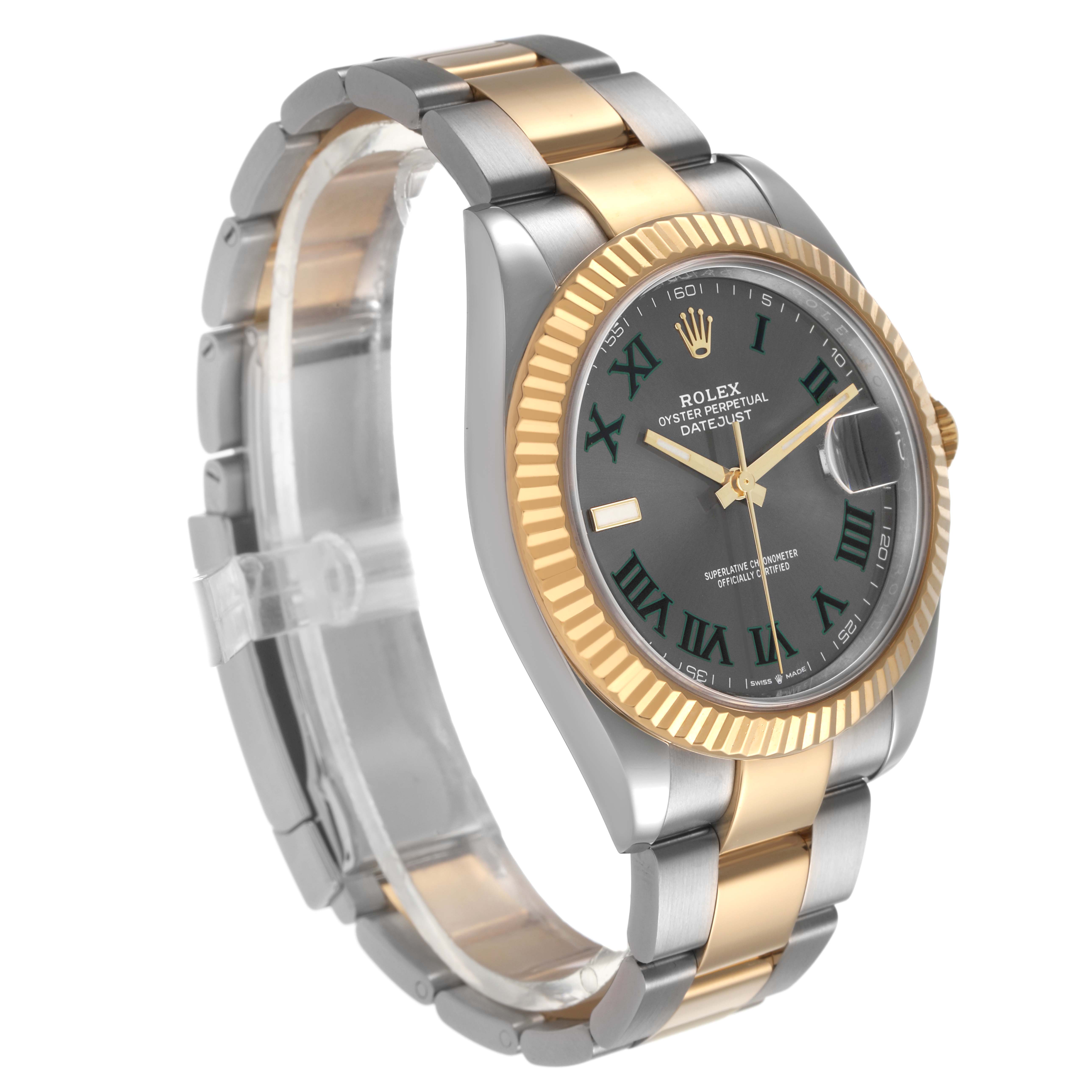 The Rolex Datejust 41 126333 Men's Steel and Gold (two tone) Grey Dial is shown at a slight angle, highlighting its two-tone bracelet, fluted bezel, and dial with Roman numerals.