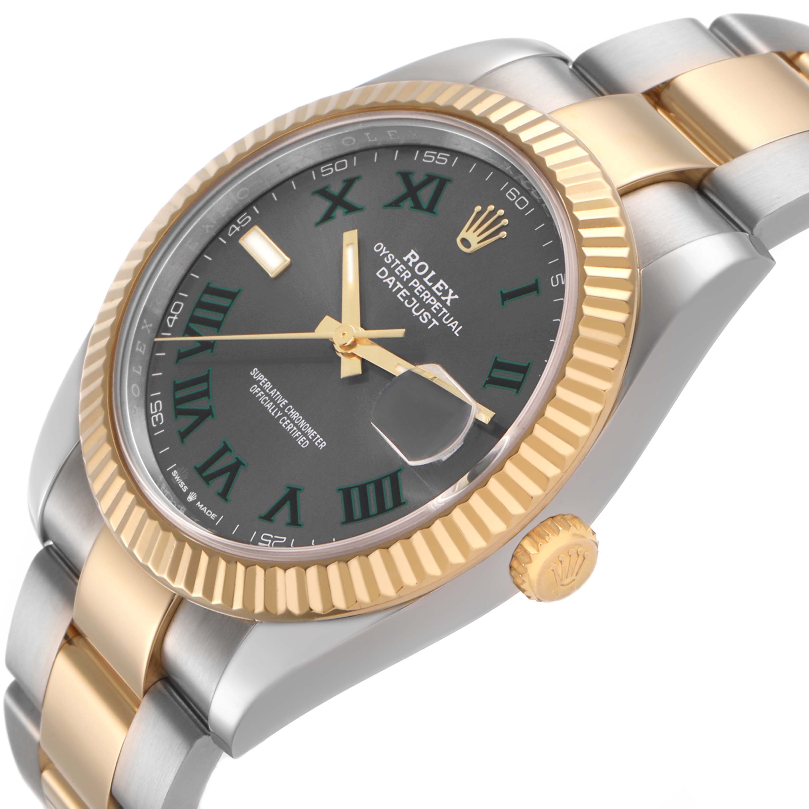 The Rolex Datejust 41 126333 Men's Steel and Gold (two tone) Grey Dial is shown at an angled side view, highlighting the fluted bezel, crown, and two-tone bracelet.
