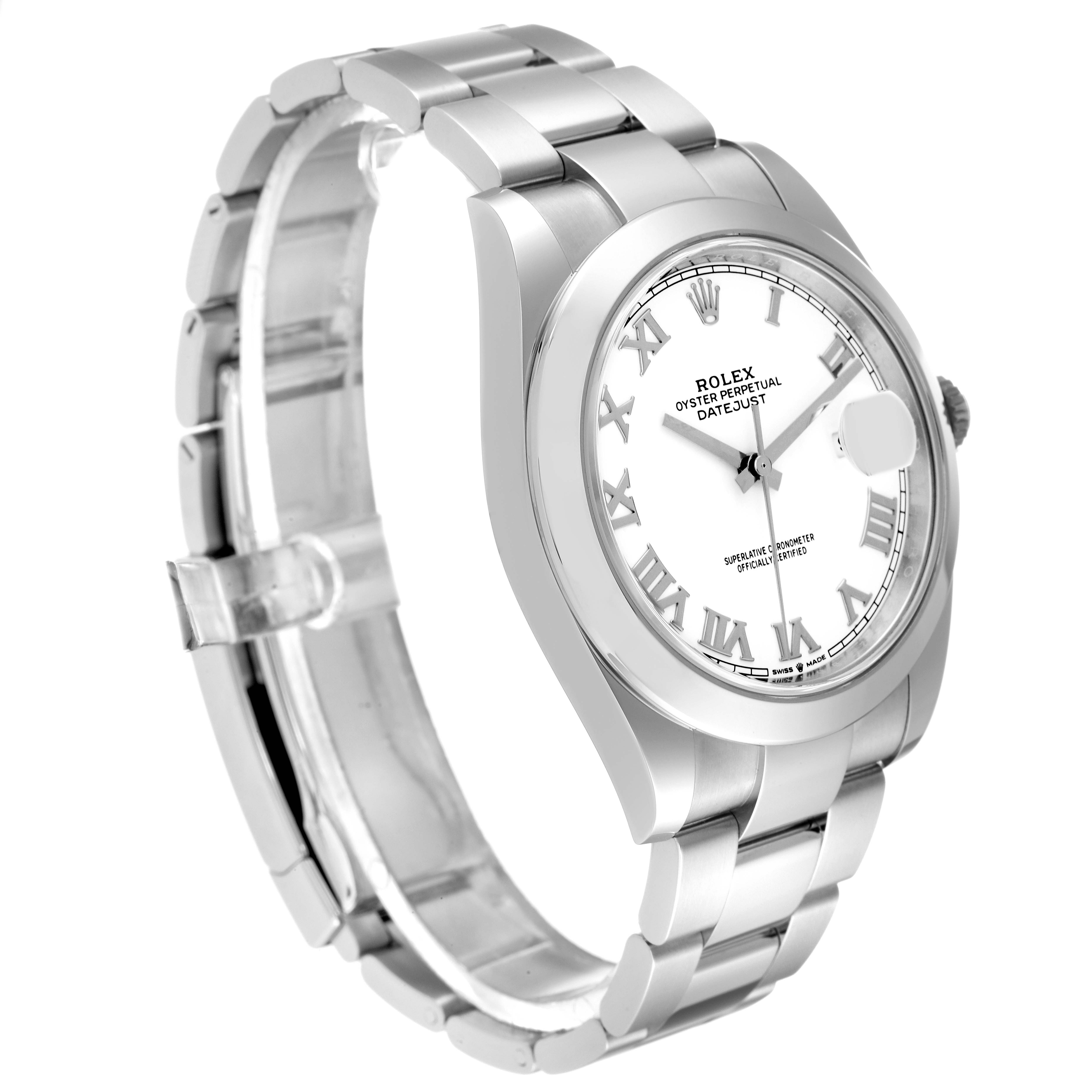 The image shows a stainless steel Rolex Datejust 41 126300 Men
s Stainless Steel White Dial 126300 Men
s Stainless Steel White Dial model, angled to display the dial, bezel, and bracelet.