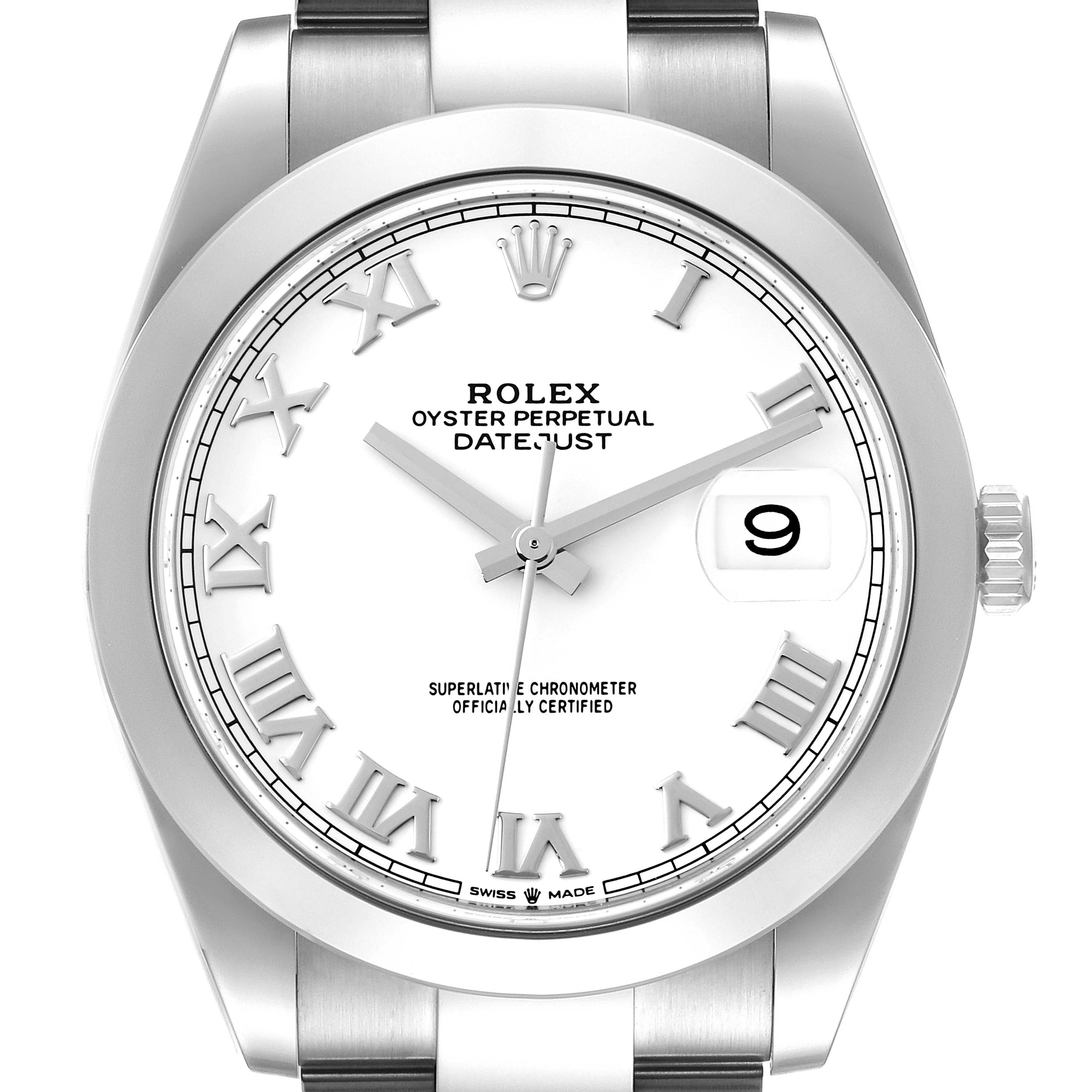 The image shows a front view of the Rolex Datejust 41 126300 Men
s Stainless Steel White Dial 126300 Men
s Stainless Steel White Dial watch, highlighting its dial, hands, date window, and part of the bracelet.