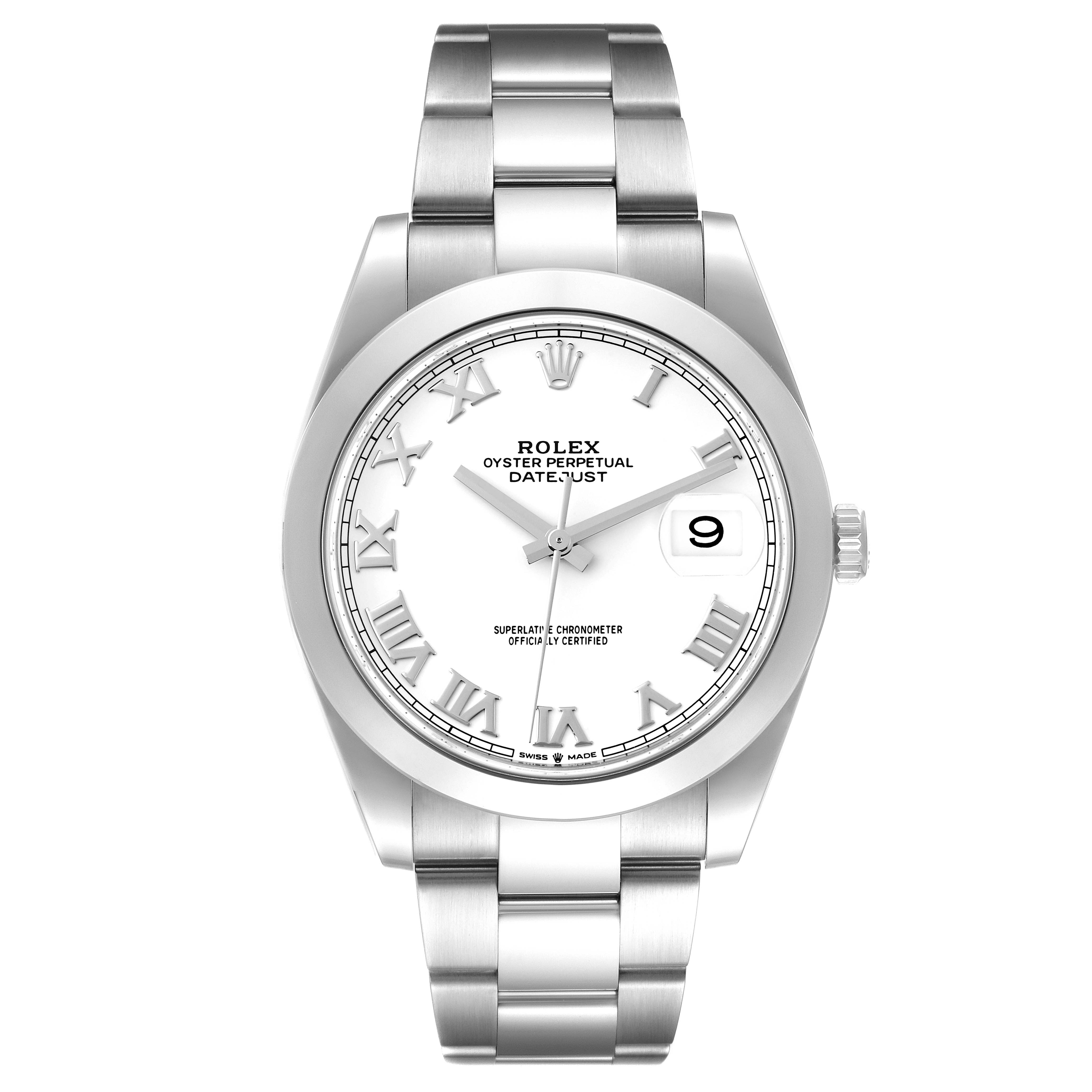 The image shows a Rolex Datejust 41 126300 Men
s Stainless Steel White Dial 126300 Men
s Stainless Steel White Dial model watch from a front angle, displaying the dial, bezel, and bracelet.