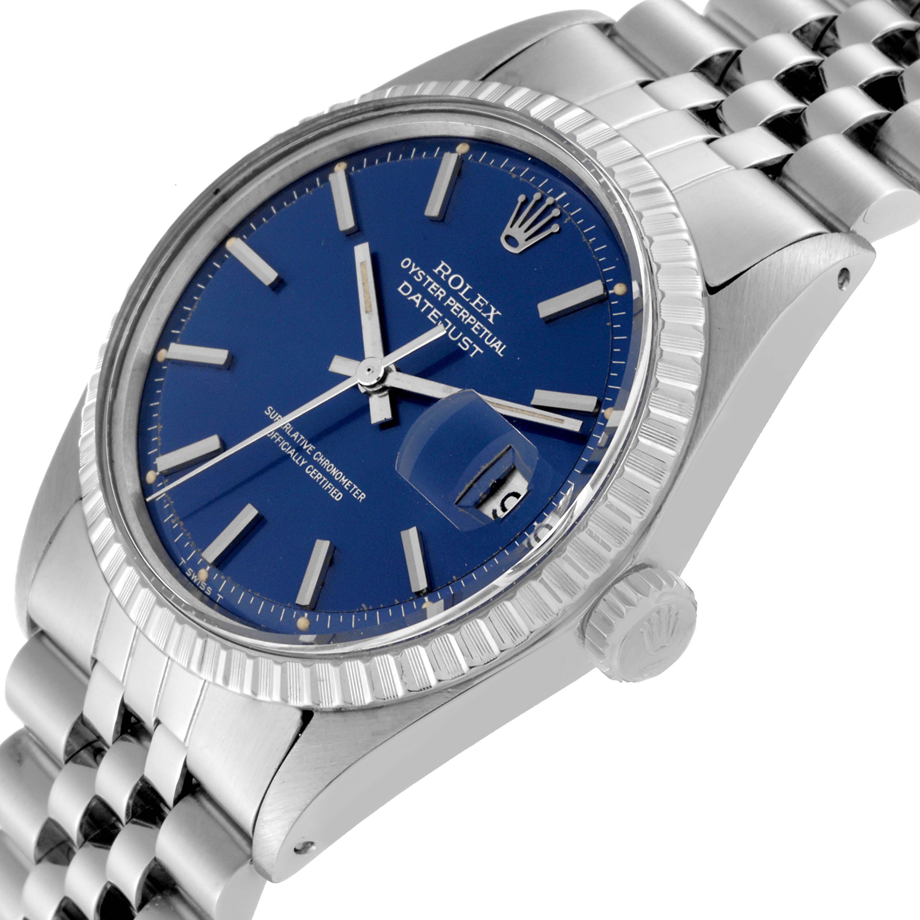 The image shows a close-up angled view of a Rolex Vintage Collection 1603 Men's Stainless Steel Blue Dial 1603 Men's Stainless Steel Blue Dial Datejust watch, highlighting its blue dial, bezel, and partial bracelet.