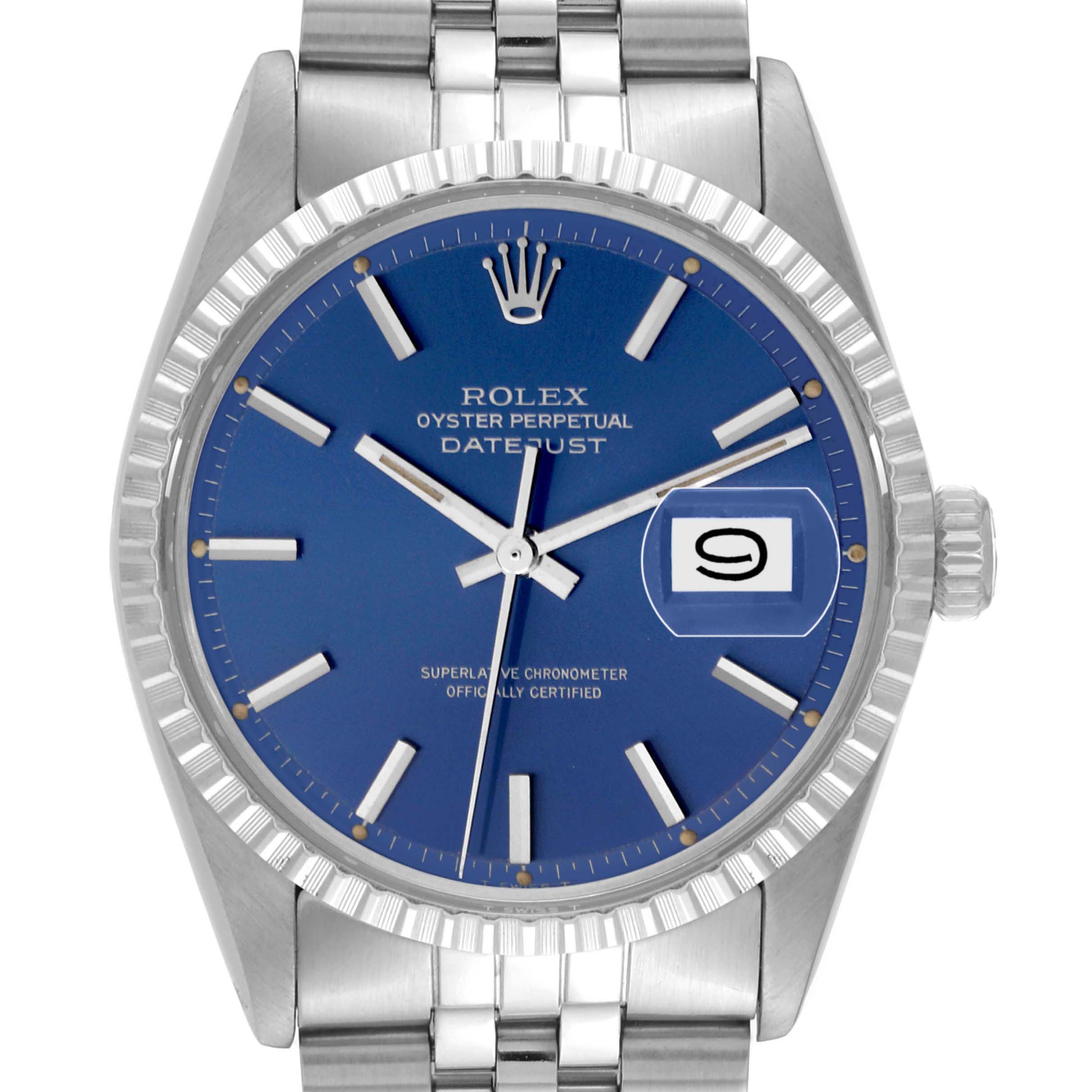 The image shows a front view of the Rolex Vintage Collection 1603 Men's Stainless Steel Blue Dial 1603 Men's Stainless Steel Blue Dial Datejust, highlighting the blue dial and fluted bezel.