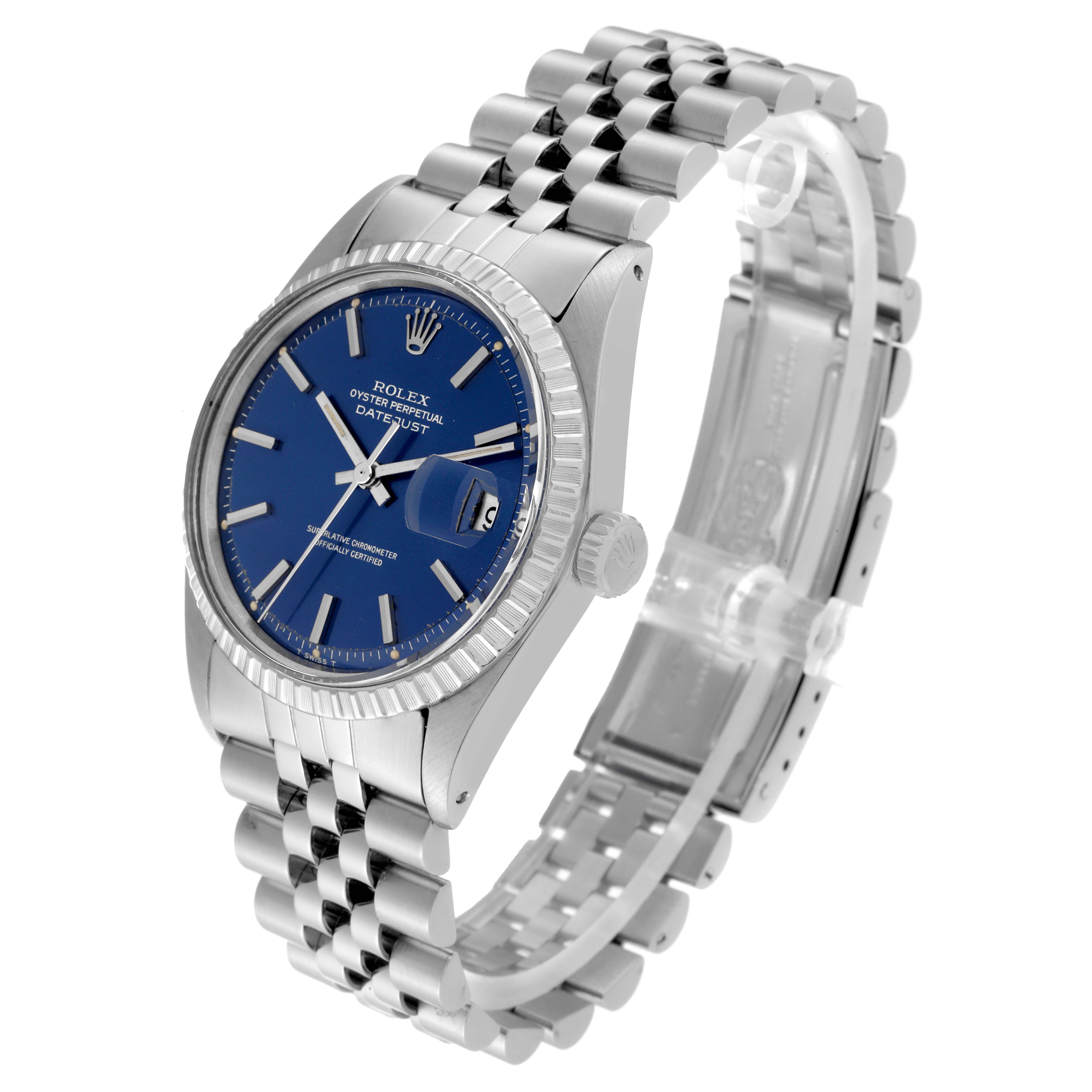 This image shows a Rolex Datejust Vintage Collection model at a three-quarter angle, highlighting its blue dial, fluted bezel, and jubilee bracelet.