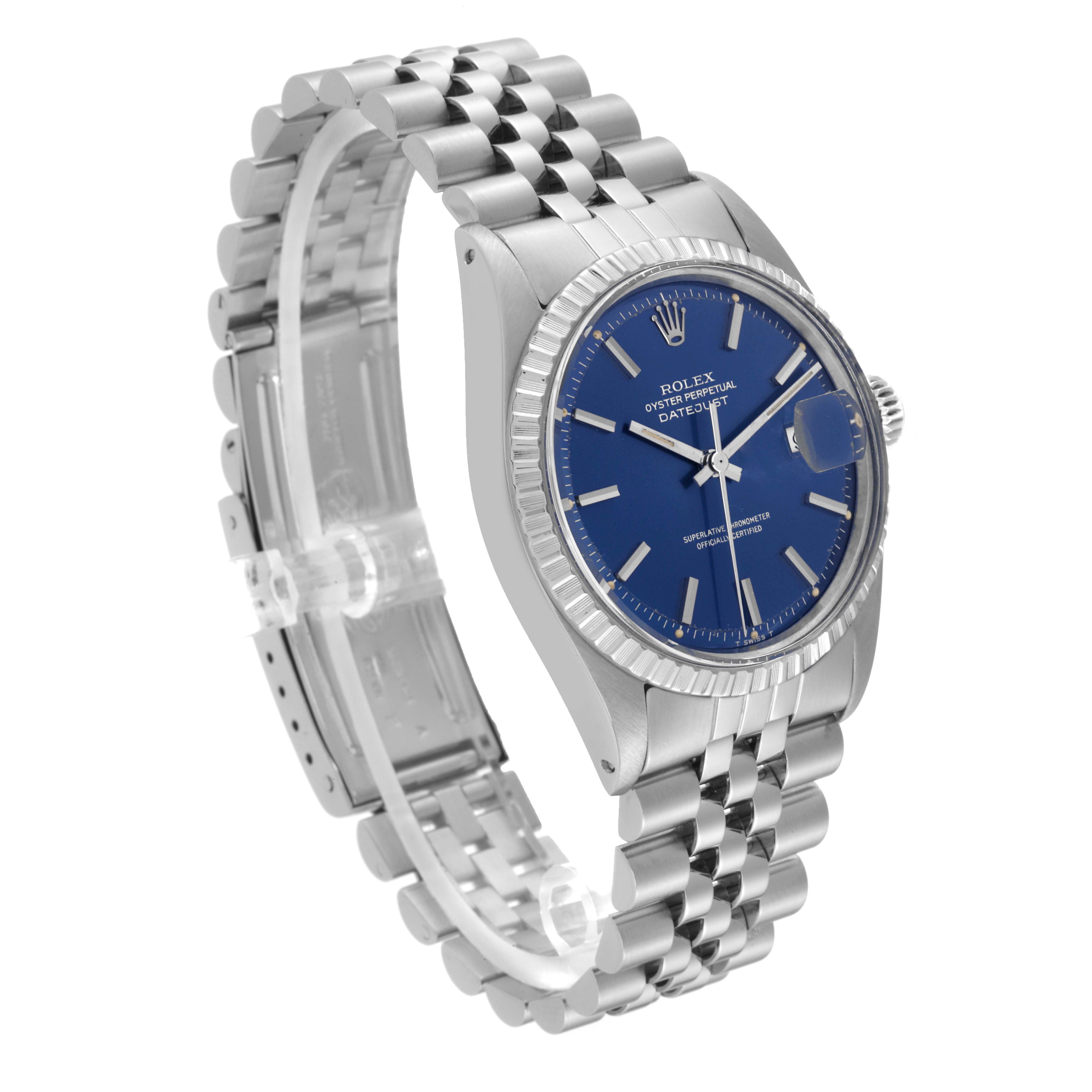 This image shows a side-angle view of the Rolex Vintage Collection 1603 Men's Stainless Steel Blue Dial 1603 Men's Stainless Steel Blue Dial watch, highlighting the blue dial and metal bracelet.