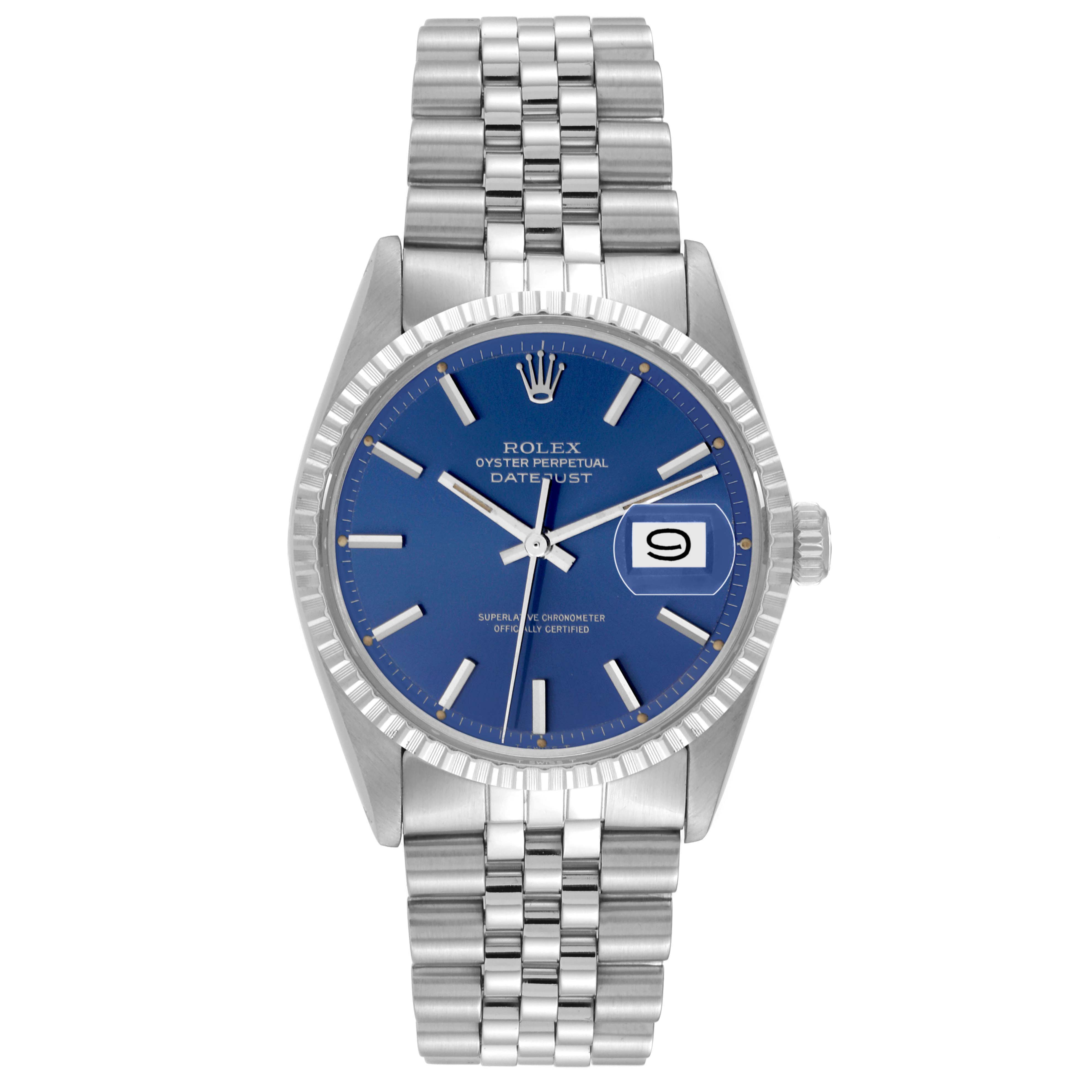 The Rolex Vintage Collection 1603 Men's Stainless Steel Blue Dial 1603 Men's Stainless Steel Blue Dial model is shown from a top-down angle, displaying its blue dial, fluted bezel, and stainless steel bracelet.