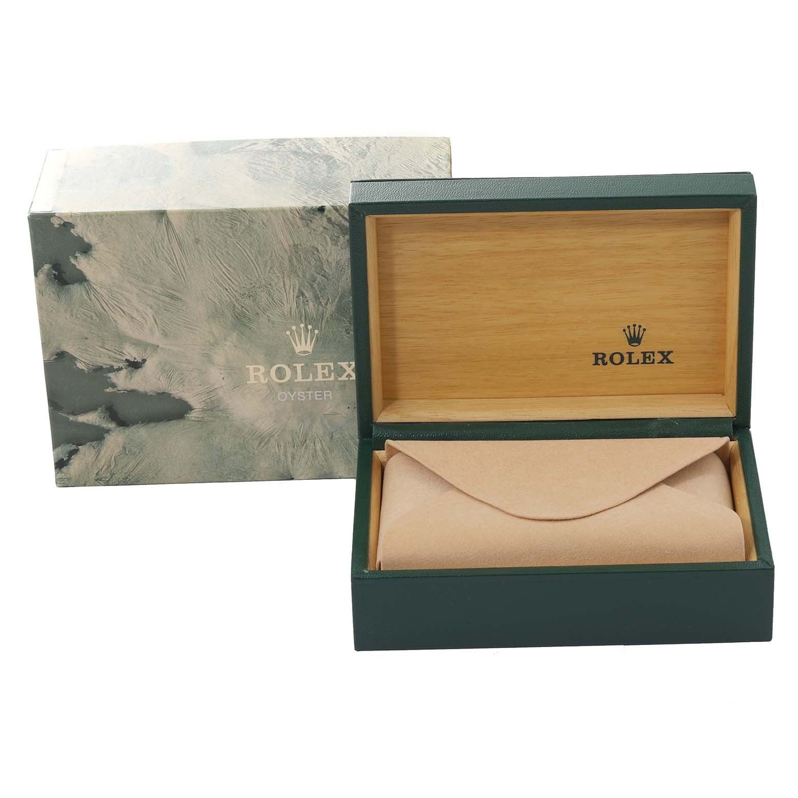 The image shows an open Rolex Vintage Collection 1603 Men's Stainless Steel Blue Dial 1603 Men's Stainless Steel Blue Dial watch box and its outer box from a front angle.