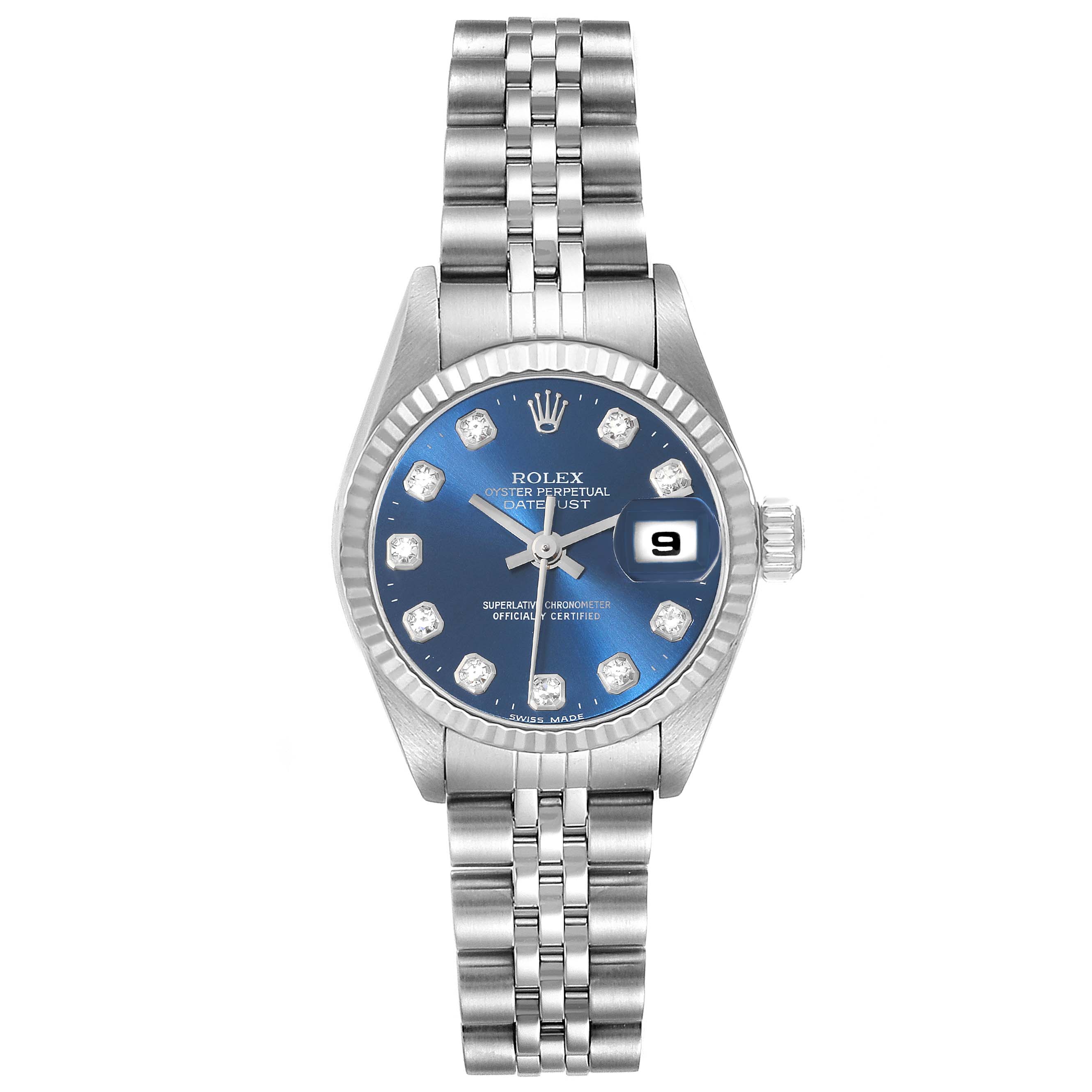 This image shows a front view of a Rolex Datejust 79174 Women's Stainless Steel Blue Dial 79174 Women's Stainless Steel Blue Dial watch, highlighting its blue dial, diamond hour markers, and Jubilee bracelet.