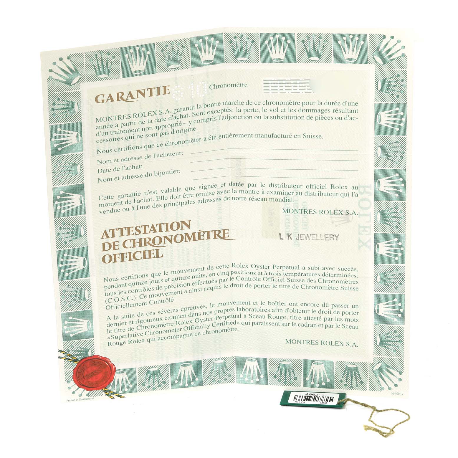 The image shows the warranty certificate and official chronometer certification for the Rolex Datejust 79174 Women's Stainless Steel Blue Dial 79174 Women's Stainless Steel Blue Dial watch.