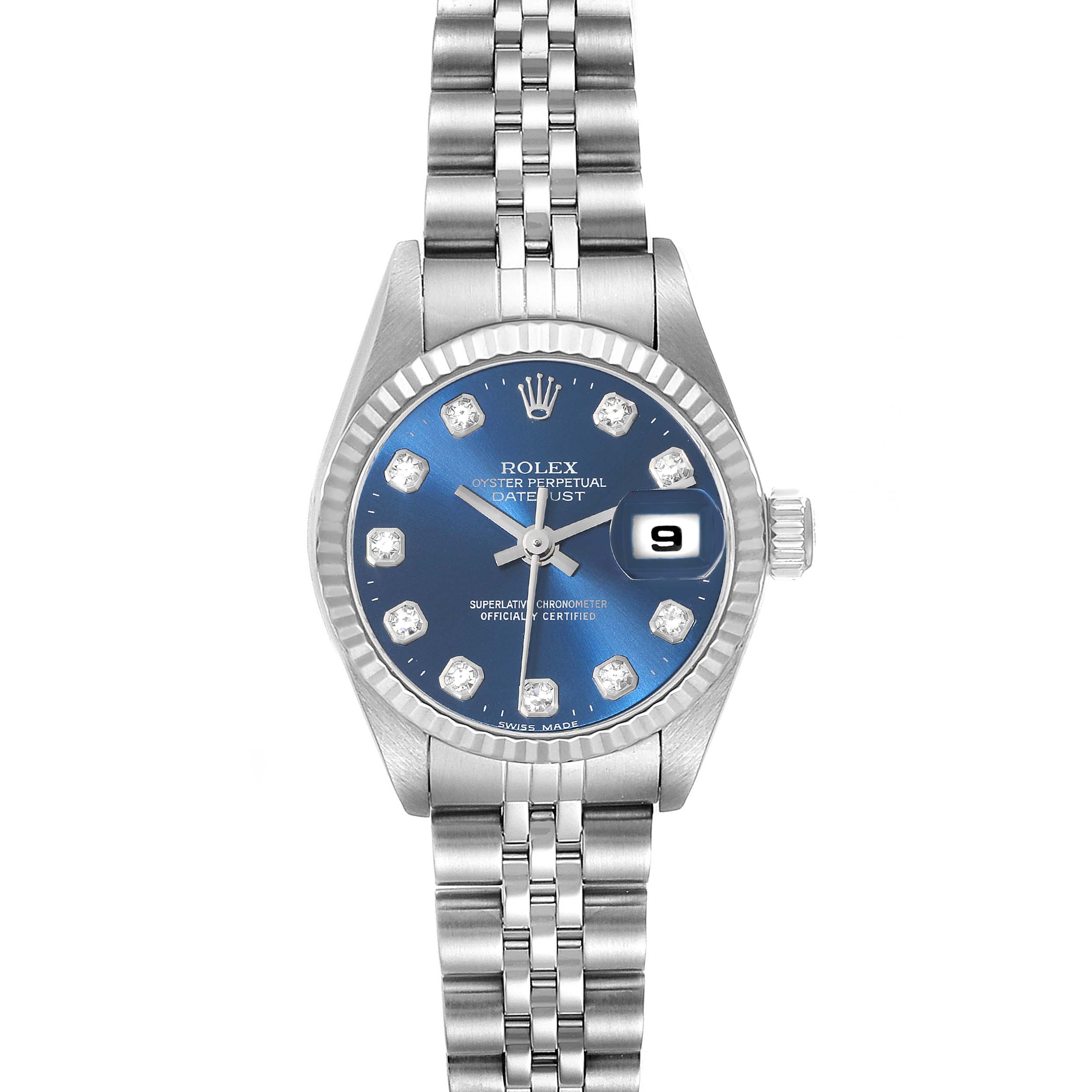 The image shows a front view of a Rolex Datejust 79174 Women's Stainless Steel Blue Dial 79174 Women's Stainless Steel Blue Dial watch, highlighting its dial, date window, and bracelet.