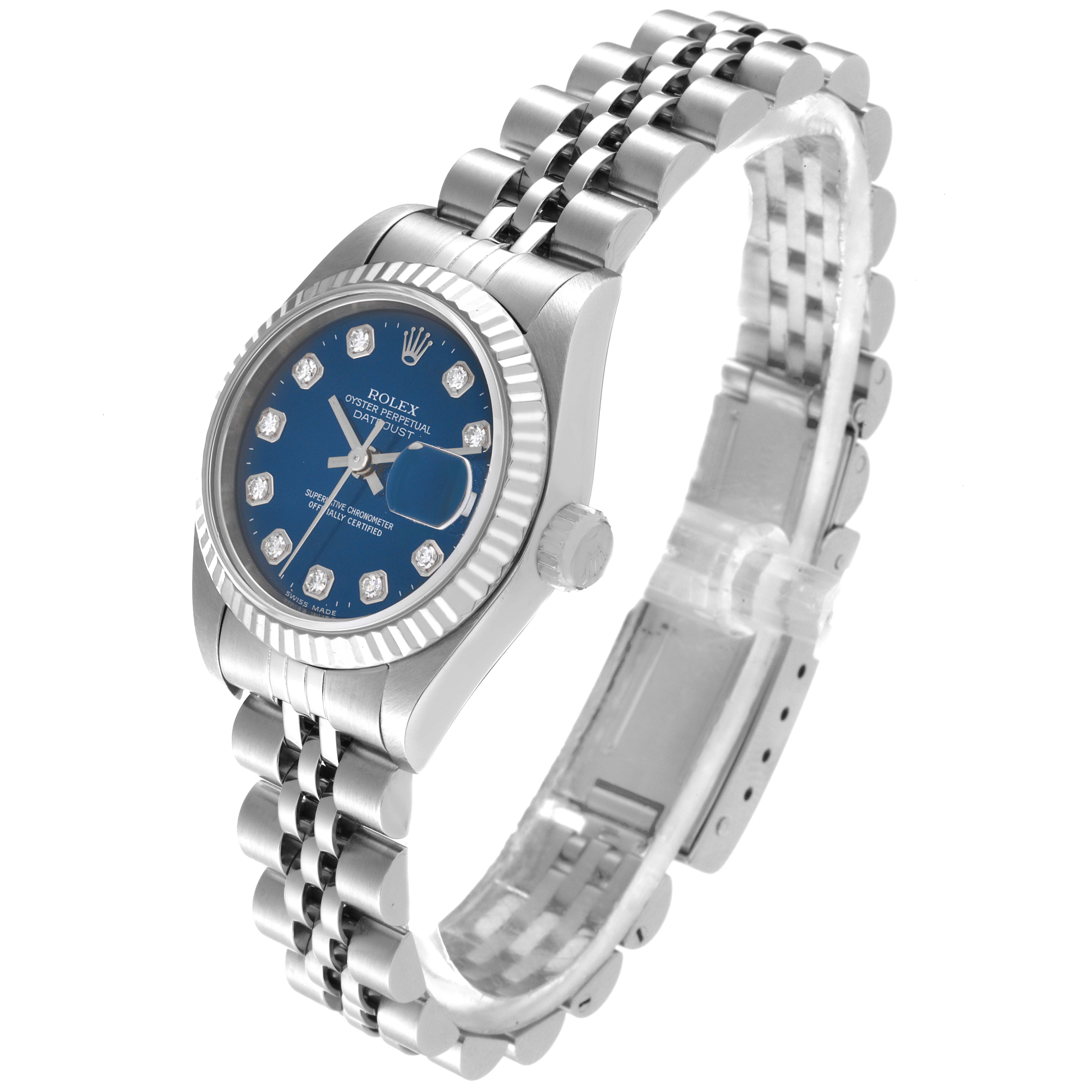 This image shows a Rolex Datejust 79174 Women's Stainless Steel Blue Dial 79174 Women's Stainless Steel Blue Dial watch from an angled side view, highlighting the bracelet, case, and bezel.