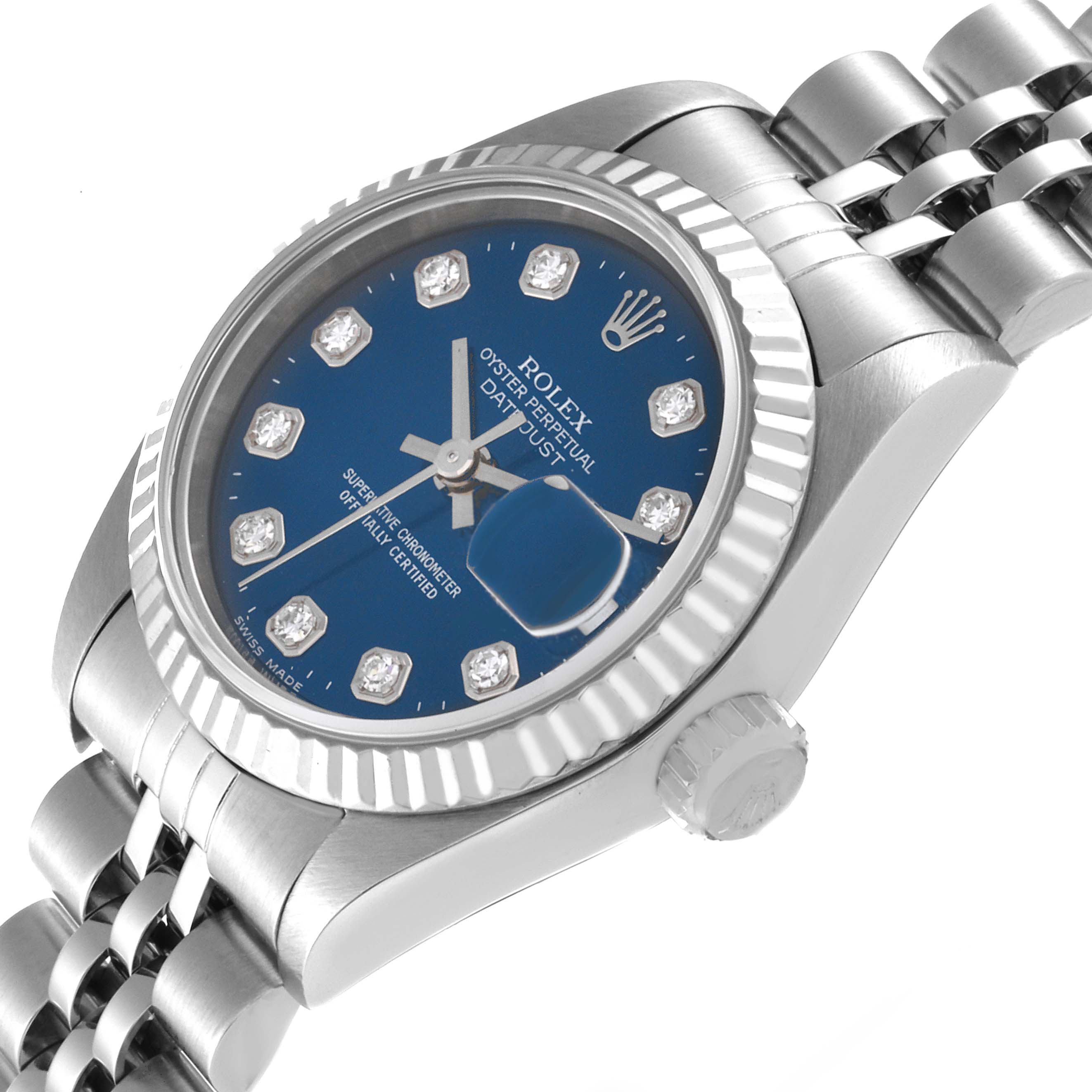 The image shows a close-up, angled view of the Rolex Datejust 79174 Women's Stainless Steel Blue Dial 79174 Women's Stainless Steel Blue Dial watch, displaying its blue dial, fluted bezel, and Jubilee bracelet.