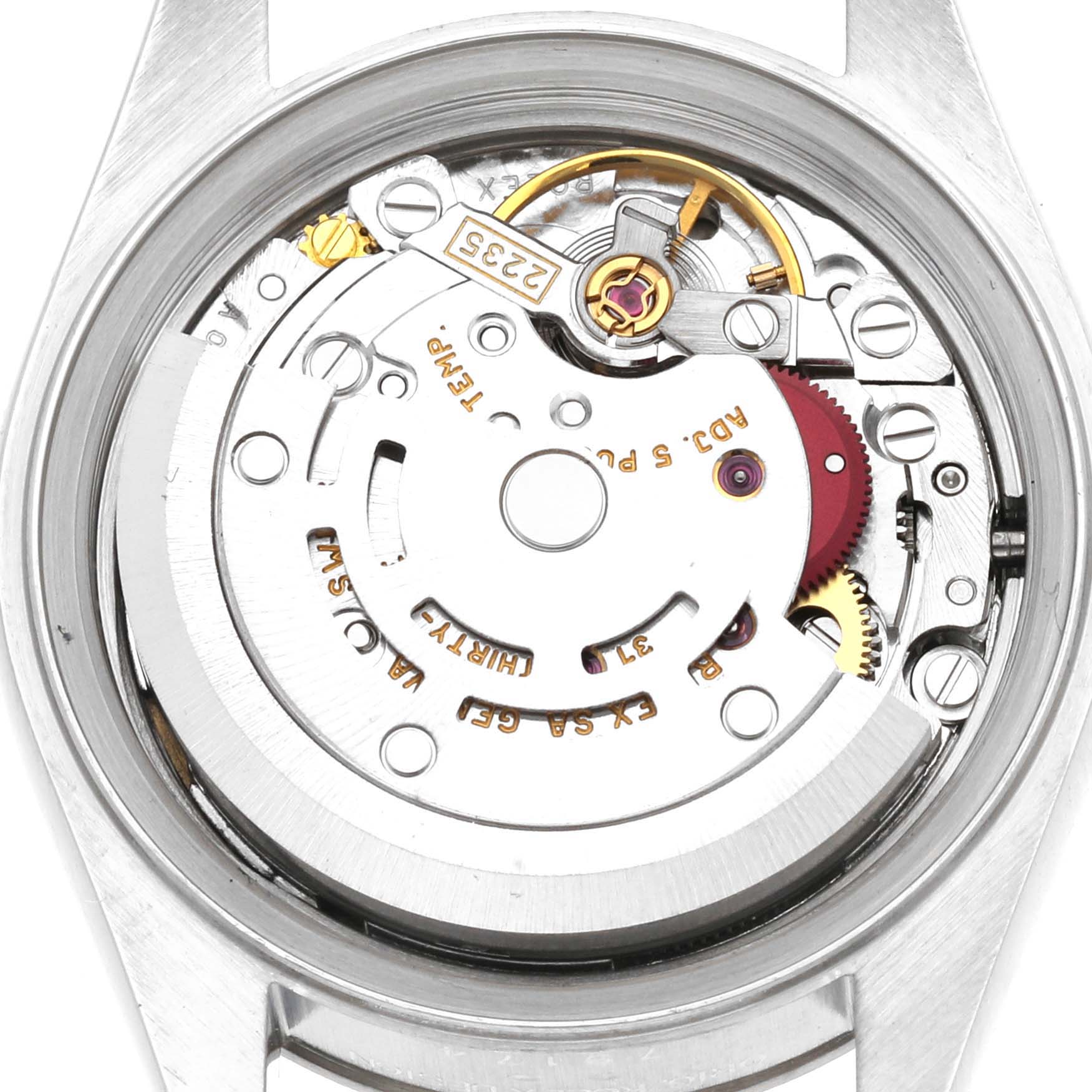 The image shows the internal mechanism and movement of a Rolex Datejust 79174 Women's Stainless Steel Blue Dial 79174 Women's Stainless Steel Blue Dial watch from the back angle with its case opened.