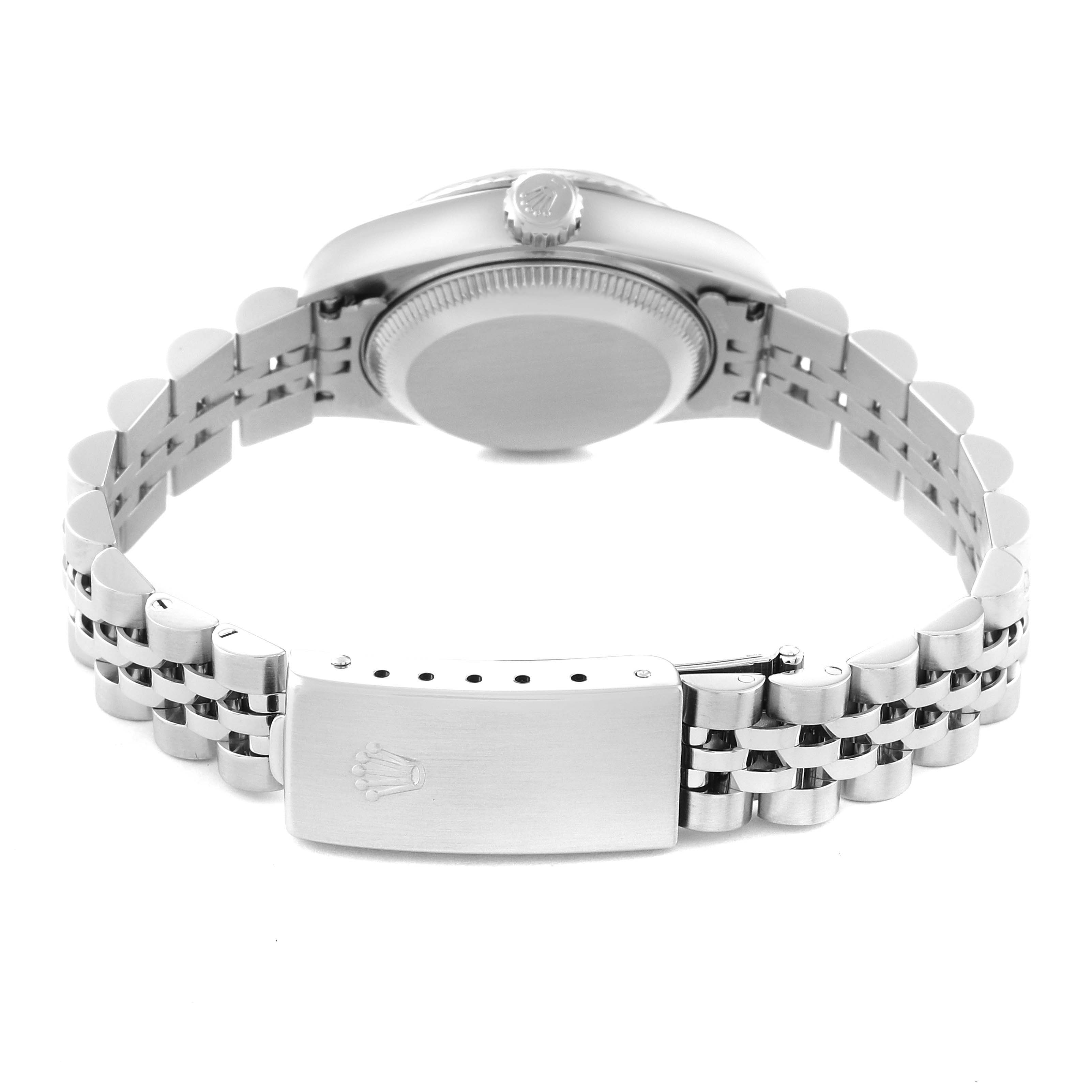 This image shows the back case, crown, and clasp of the Rolex Datejust 79174 Women's Stainless Steel Blue Dial 79174 Women's Stainless Steel Blue Dial watch from a rear angle.