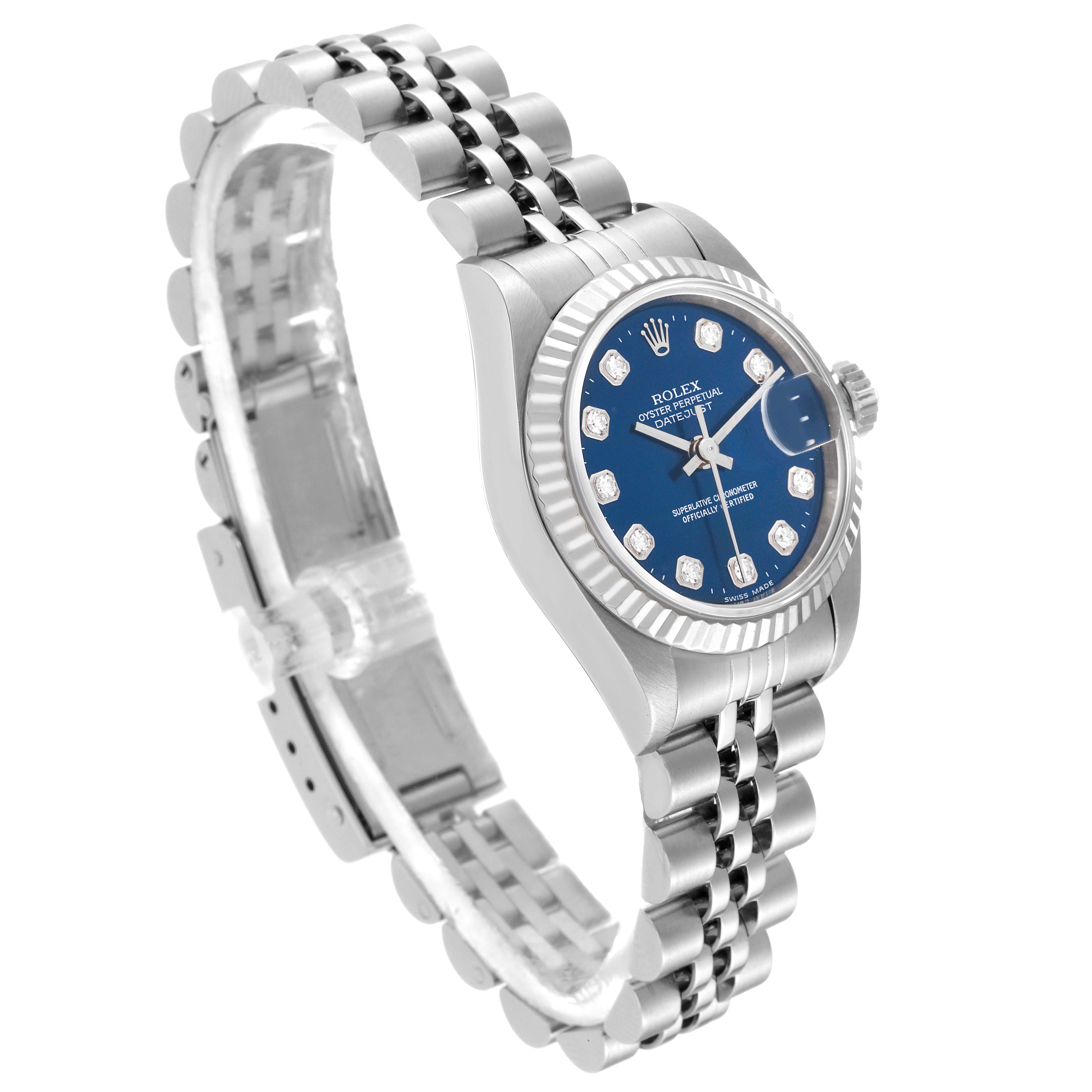 The Rolex Datejust 79174 Women's Stainless Steel Blue Dial 79174 Women's Stainless Steel Blue Dial model is shown at a slight angle displaying the blue dial, fluted bezel, and jubilee bracelet.
