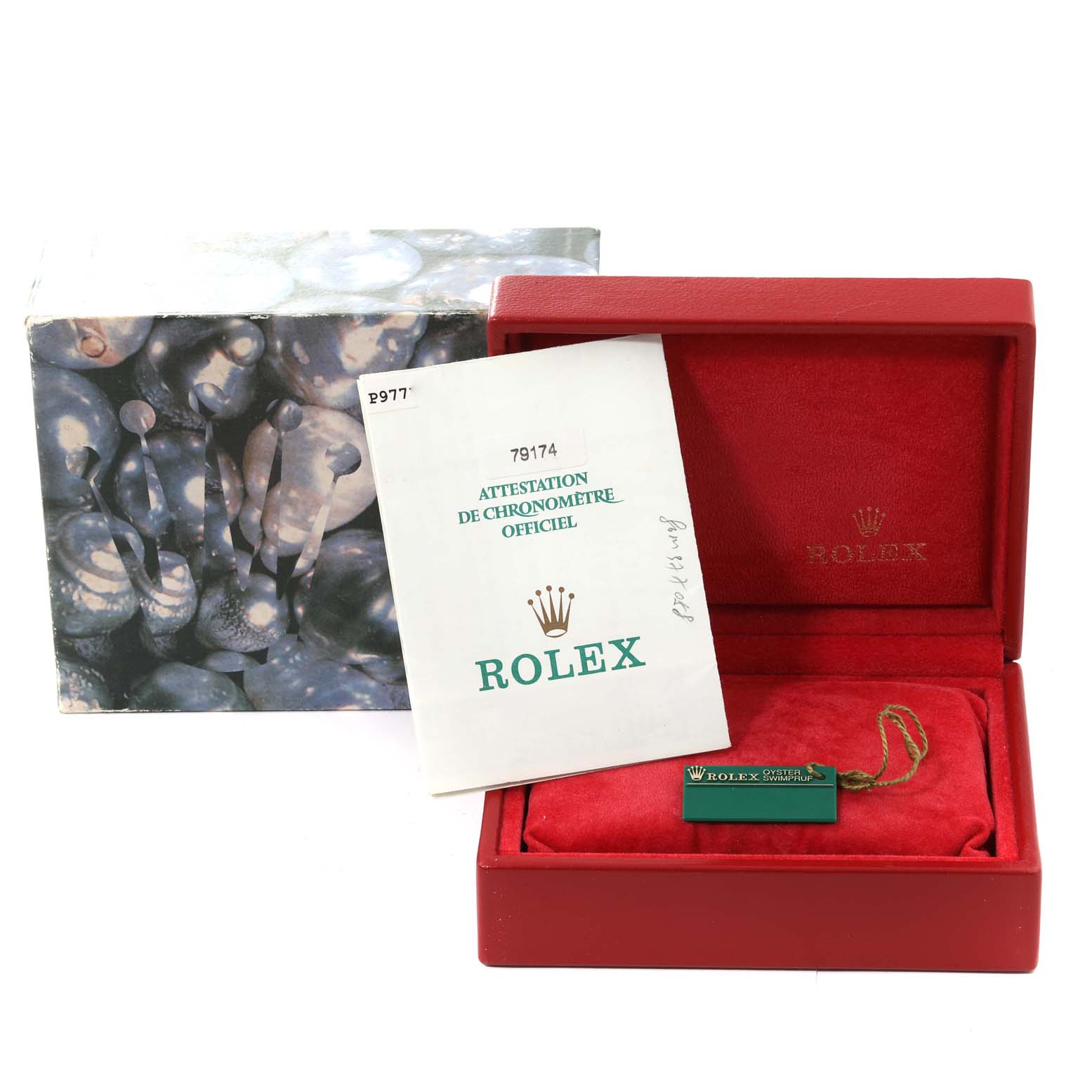 The image shows a Rolex Datejust 79174 Women's Stainless Steel Blue Dial 79174 Women's Stainless Steel Blue Dial watch box, papers, and tag from a slightly elevated front angle.