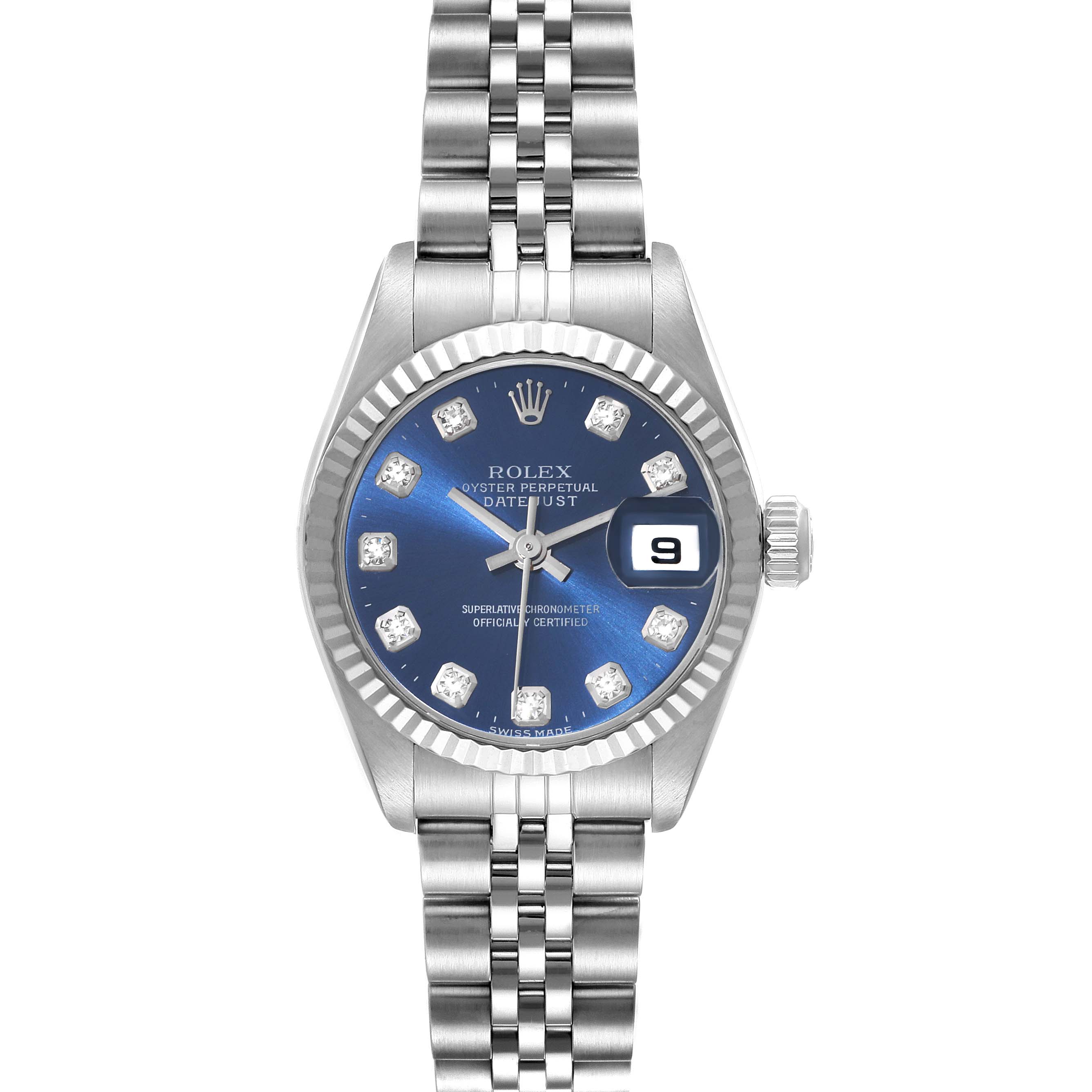 This image shows a Rolex Datejust 79174 Women's Stainless Steel Blue Dial 79174 Women's Stainless Steel Blue Dial watch from a front angle, highlighting its dial, hands, date display, and bracelet.