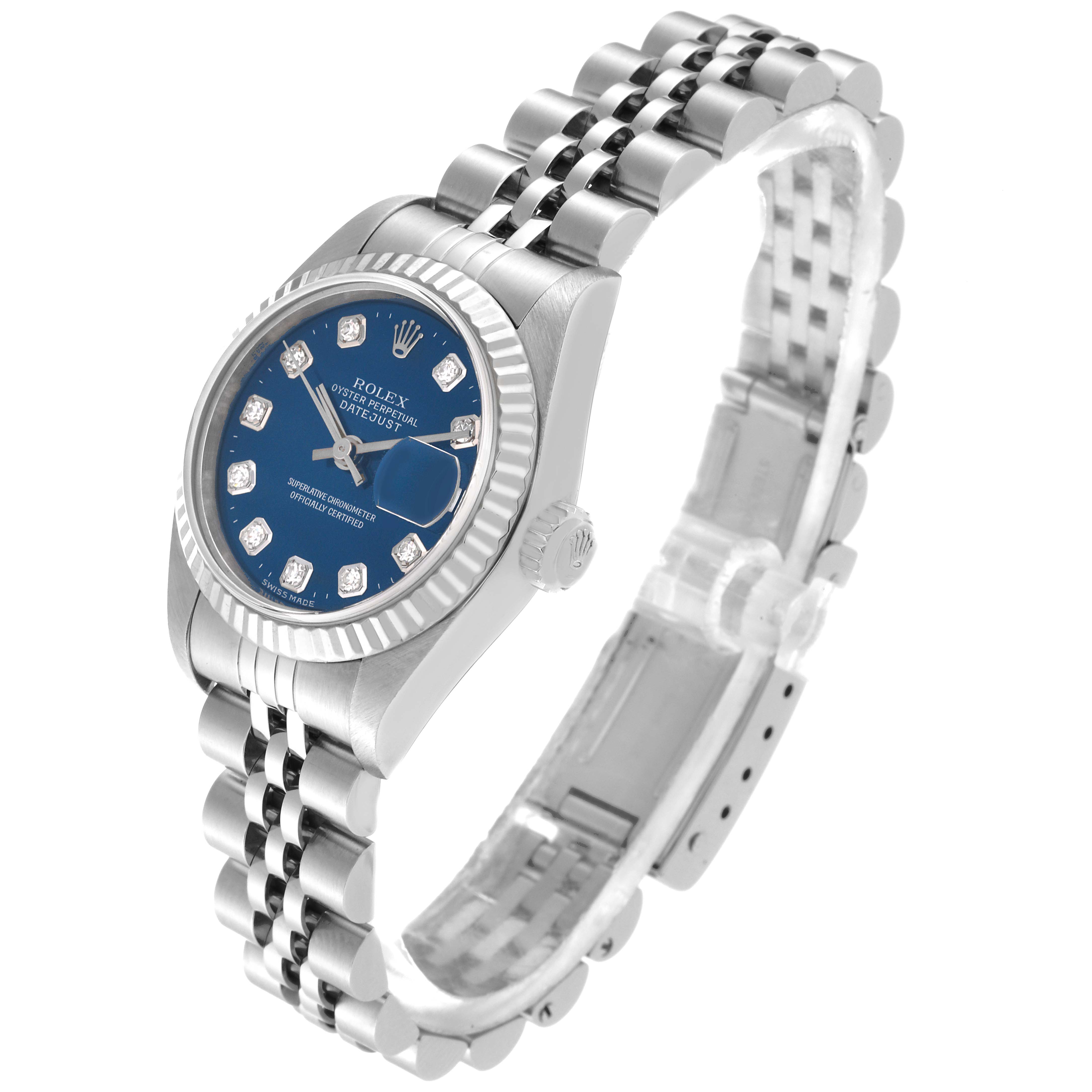 This is a side-angle view of a Rolex Datejust 79174 Women's Stainless Steel Blue Dial 79174 Women's Stainless Steel Blue Dial watch, showing the face, bezel, crown, and bracelet.