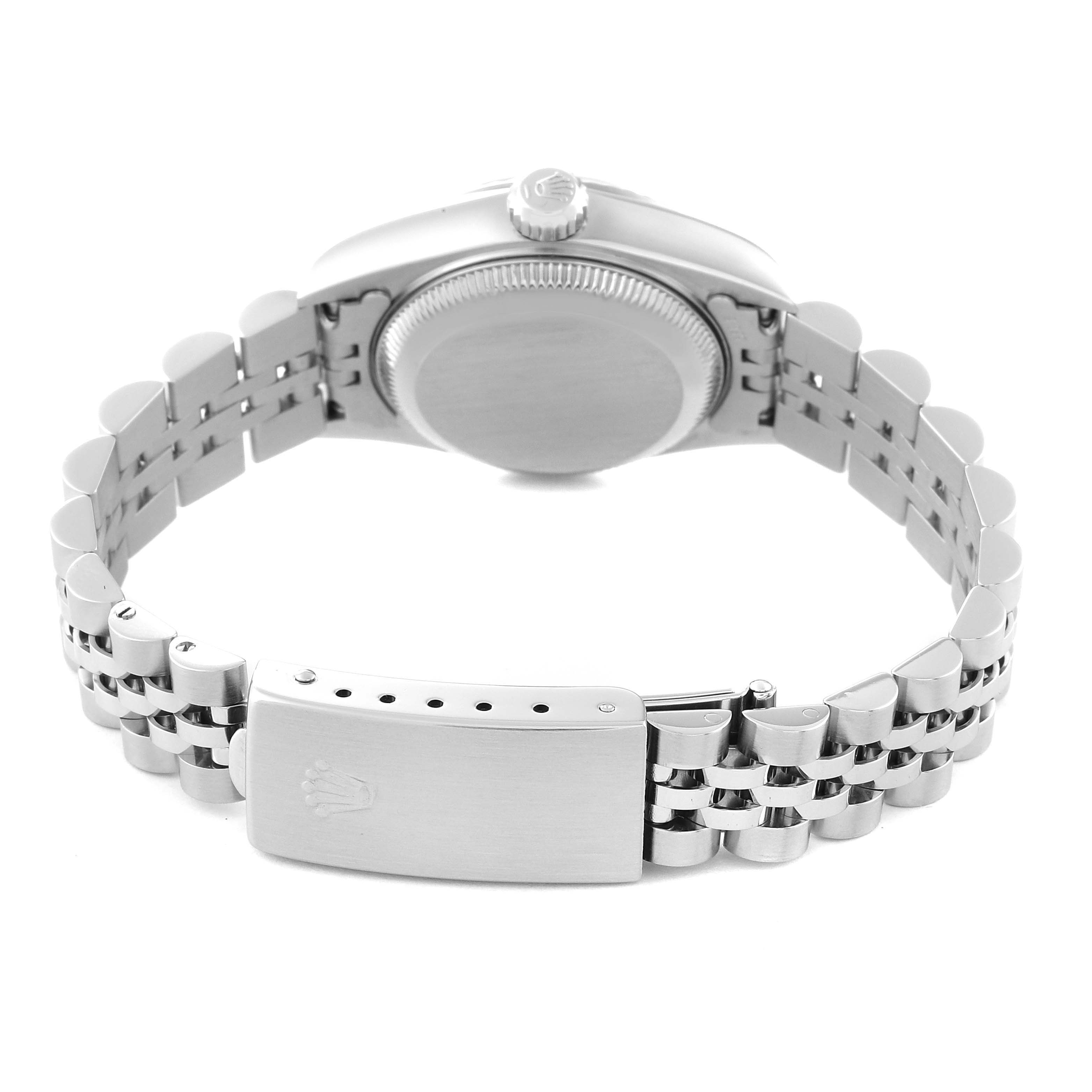 This image of the Rolex Datejust 79174 Women's Stainless Steel Blue Dial 79174 Women's Stainless Steel Blue Dial shows the back, including the case, crown, and bracelet with clasp.