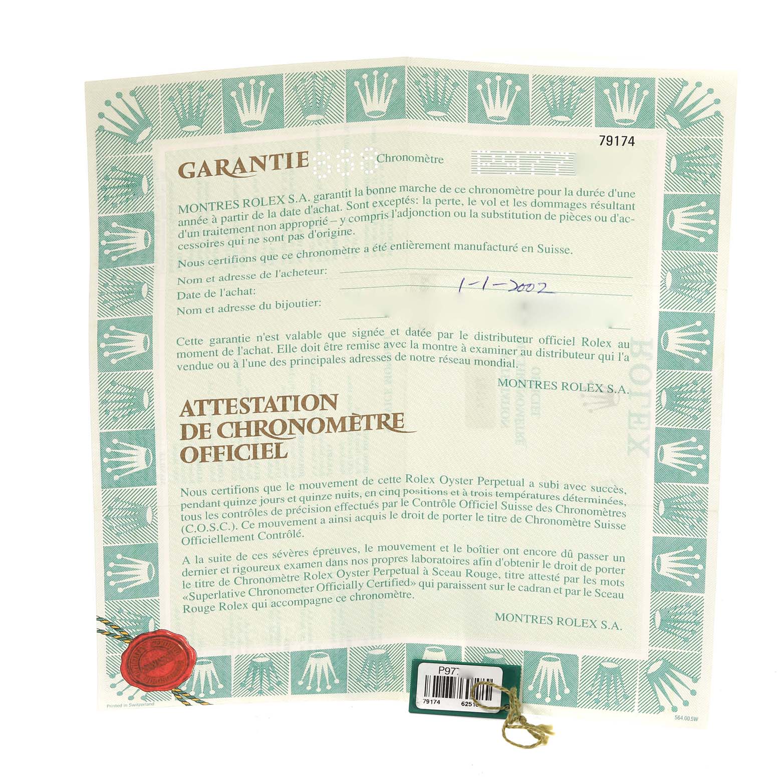 The image shows the warranty card and chronometer certification for a Rolex Datejust 79174 Women's Stainless Steel Blue Dial 79174 Women's Stainless Steel Blue Dial.